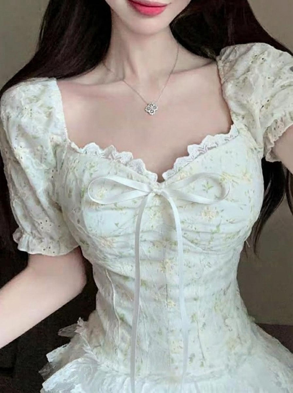 Jacquard Puff Sleeve Top With Bow Detail