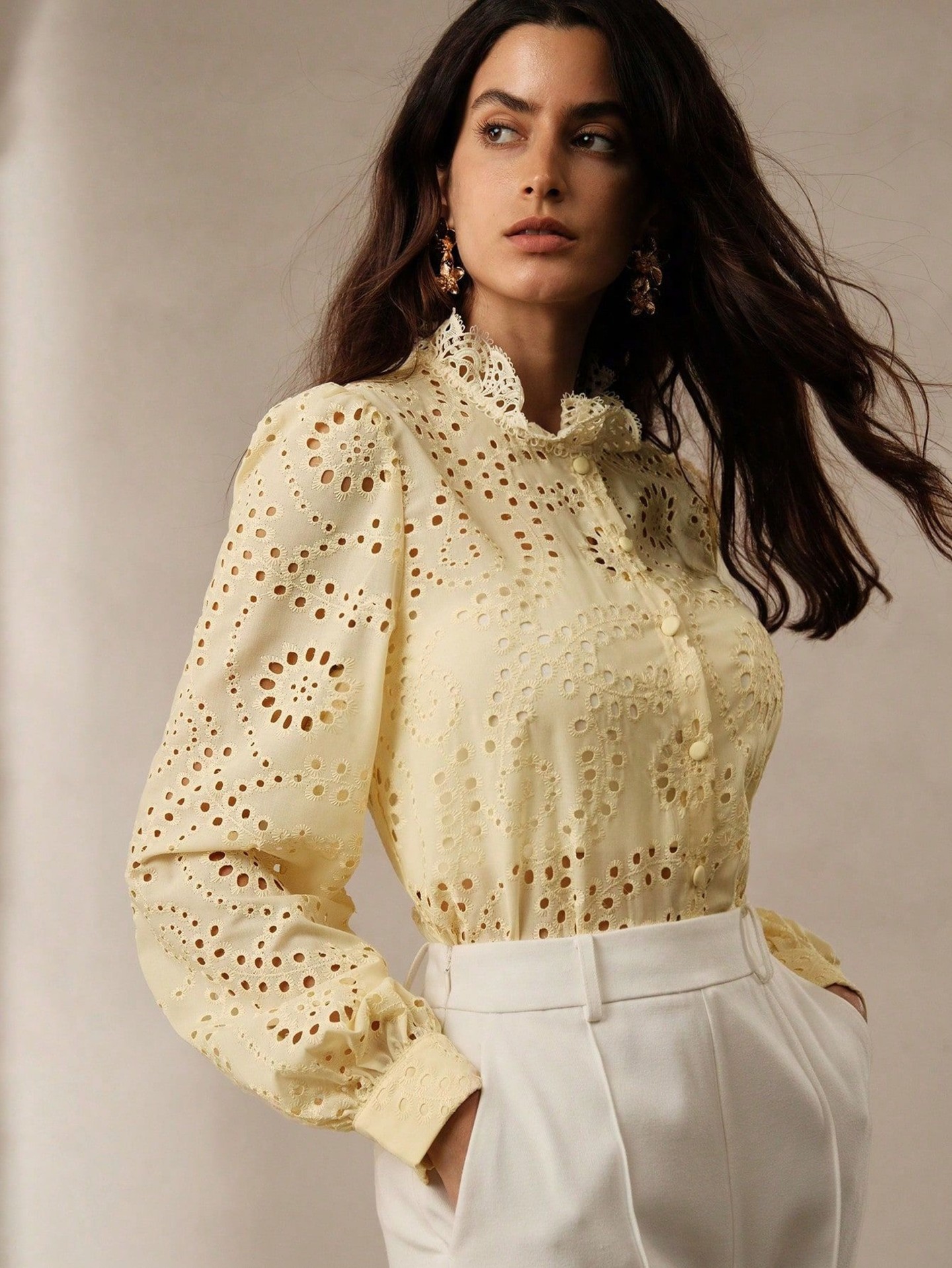 Hollow embroidery Placket Blouse