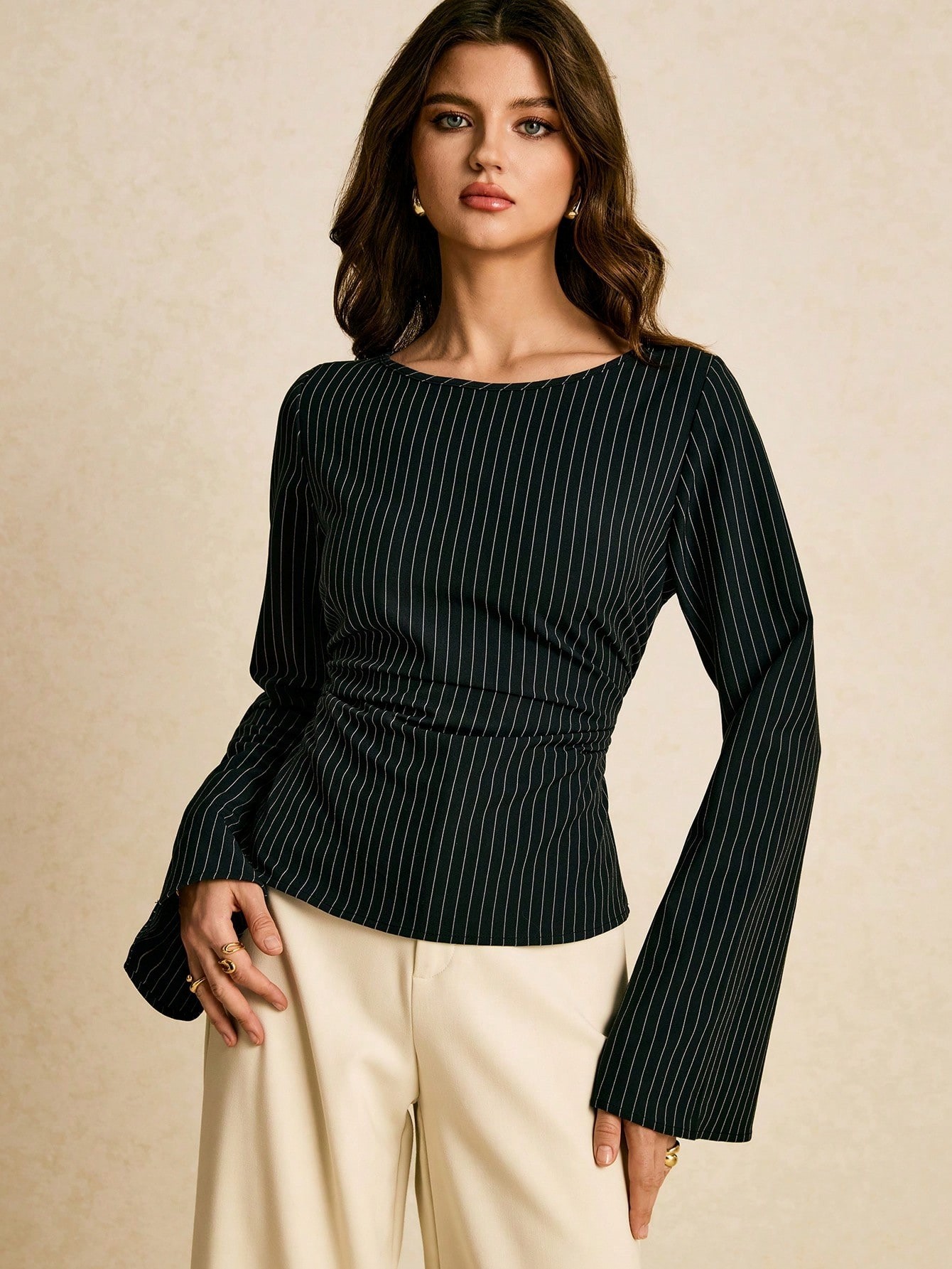 Yarn-dyed Pinstripe Gathered Waist Top