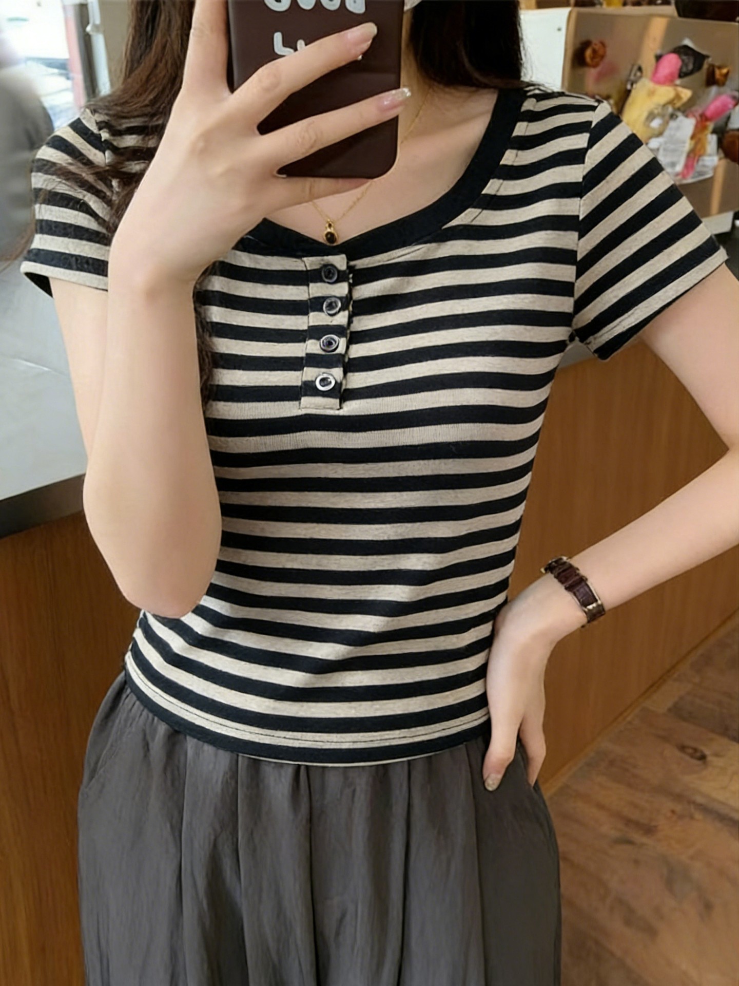 Striped Button Pullover T-Shirt