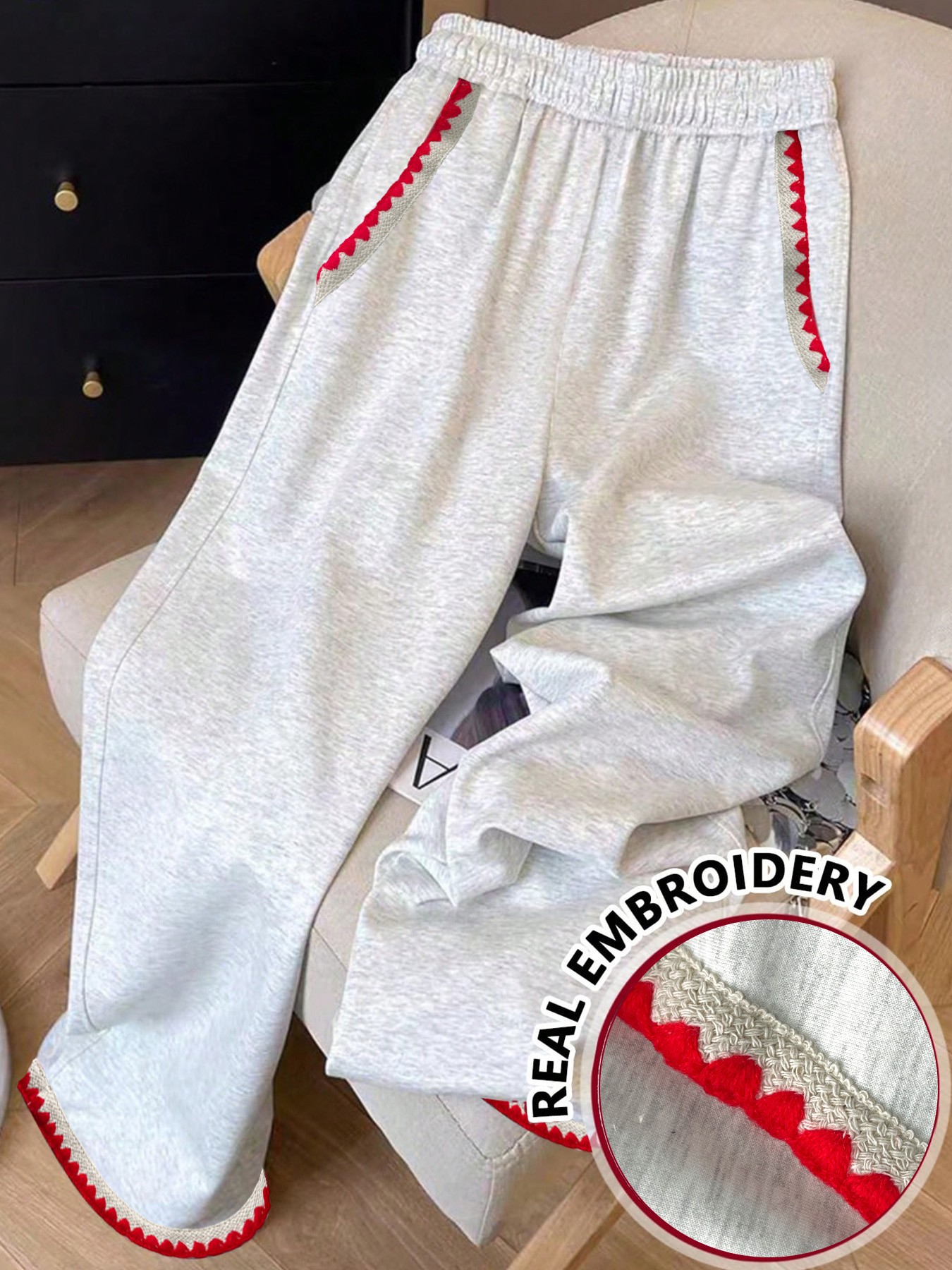 [Slightly Stretchable] High Waist Off White Embroidered Straight Leg Pants