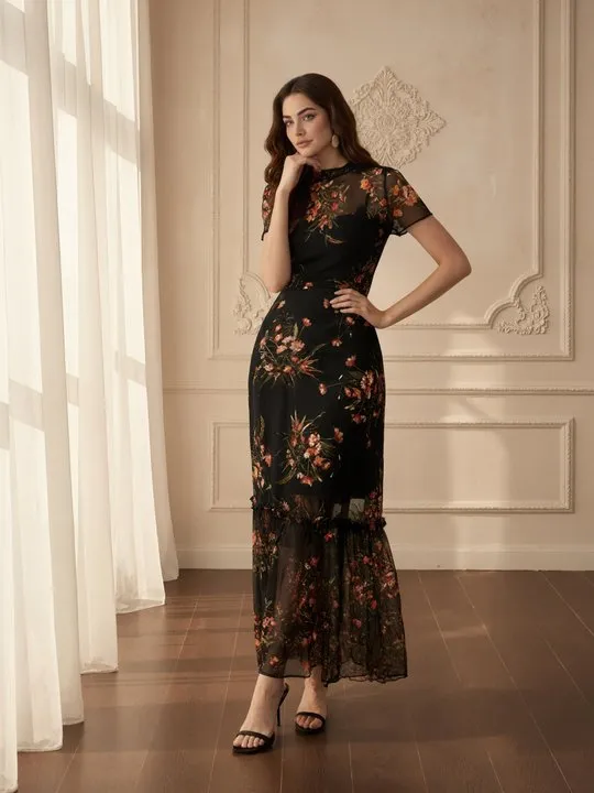 floor length black satin dress Carnation Maxi - US 4 A-Line Wedding Gown With Color:Dusty Mint Printing