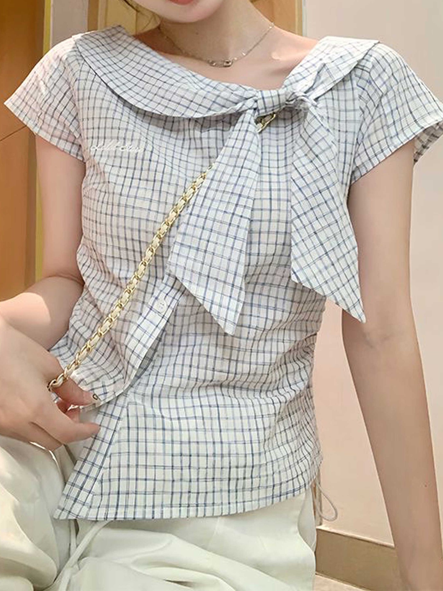 Checkered Tie-Front Top with Sailor Collar
