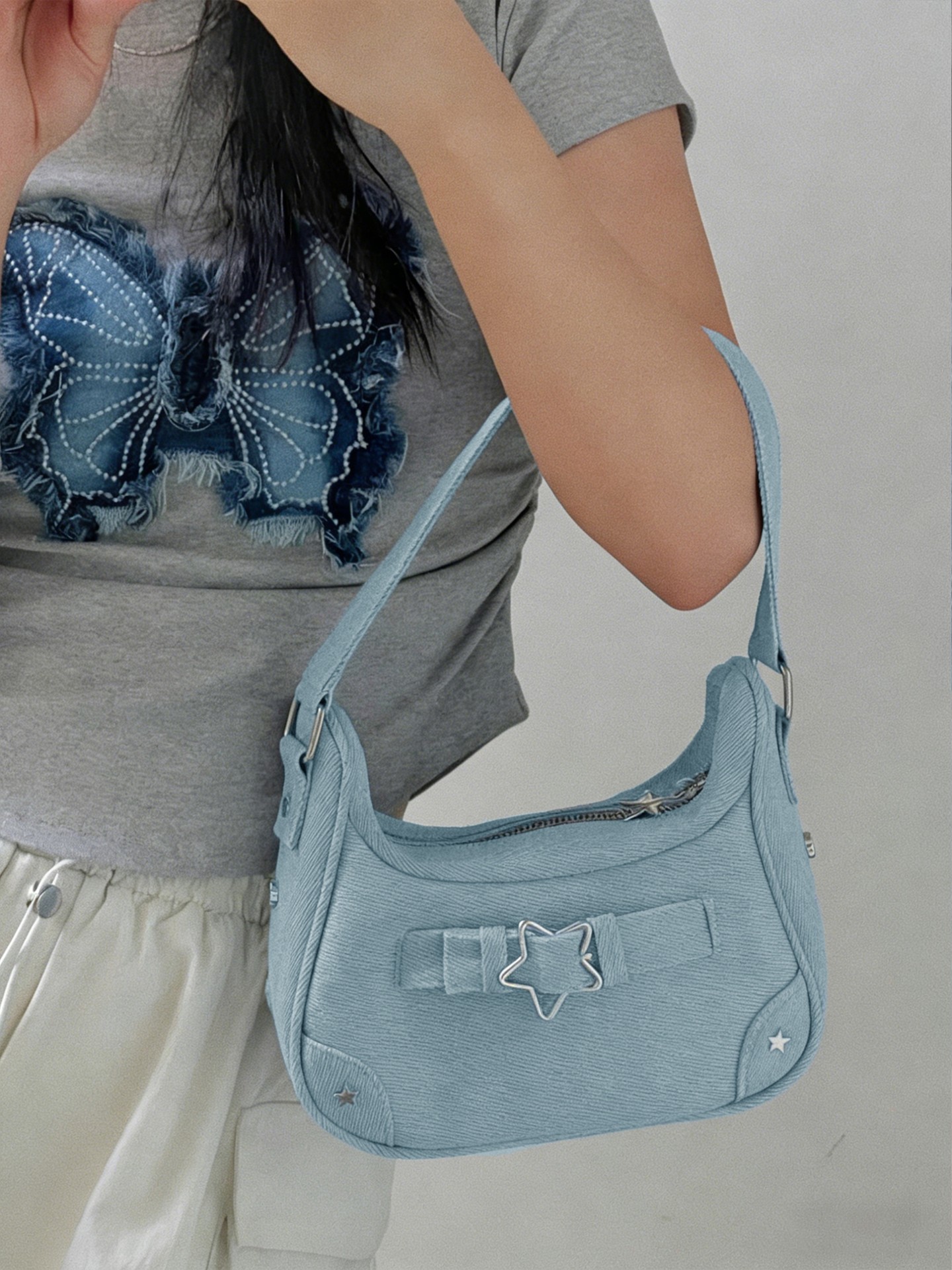 Studded Denim Shoulder Bag