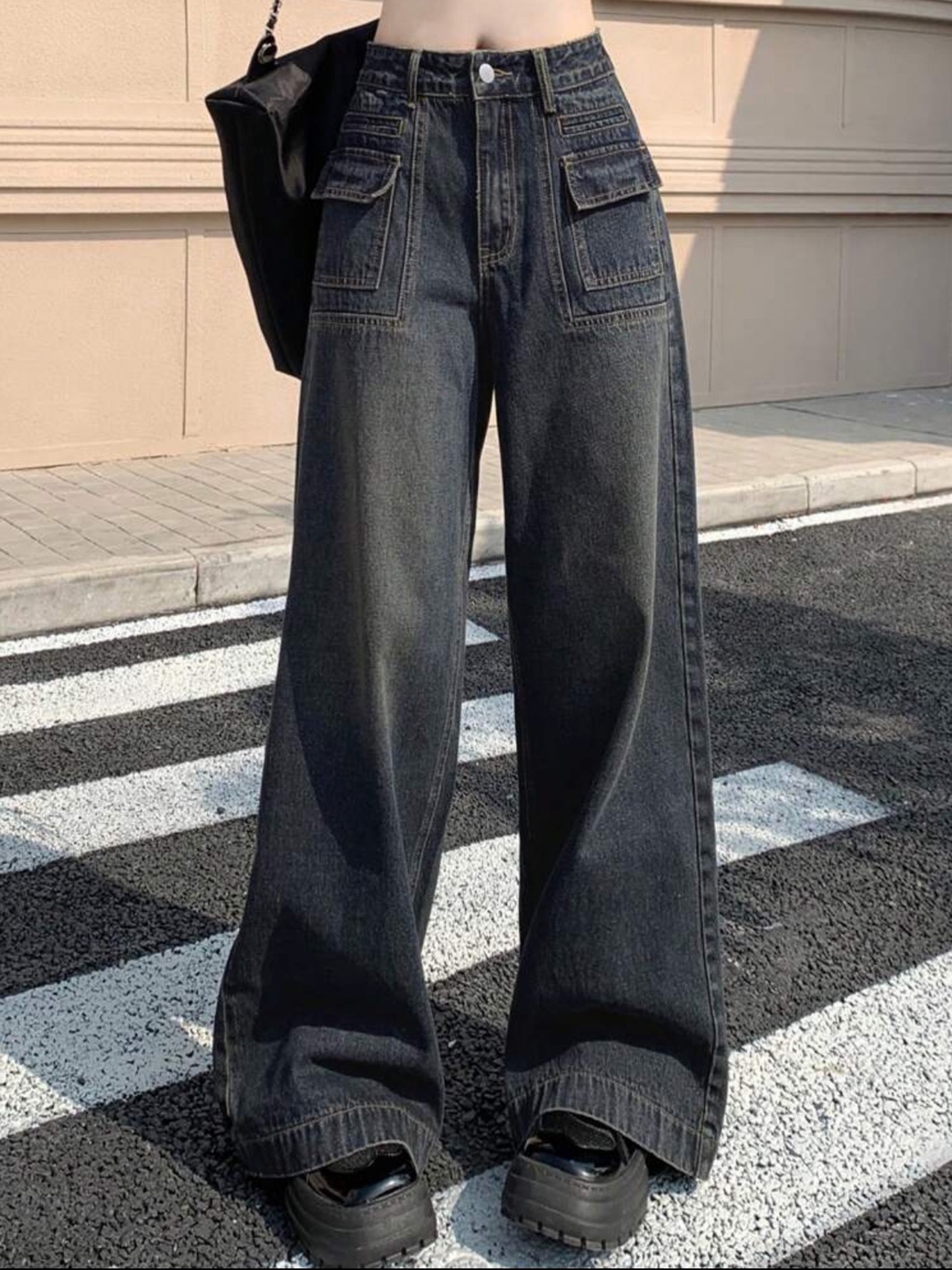 Streetwear Style Vintage Dark Wash Straight Leg Jeans