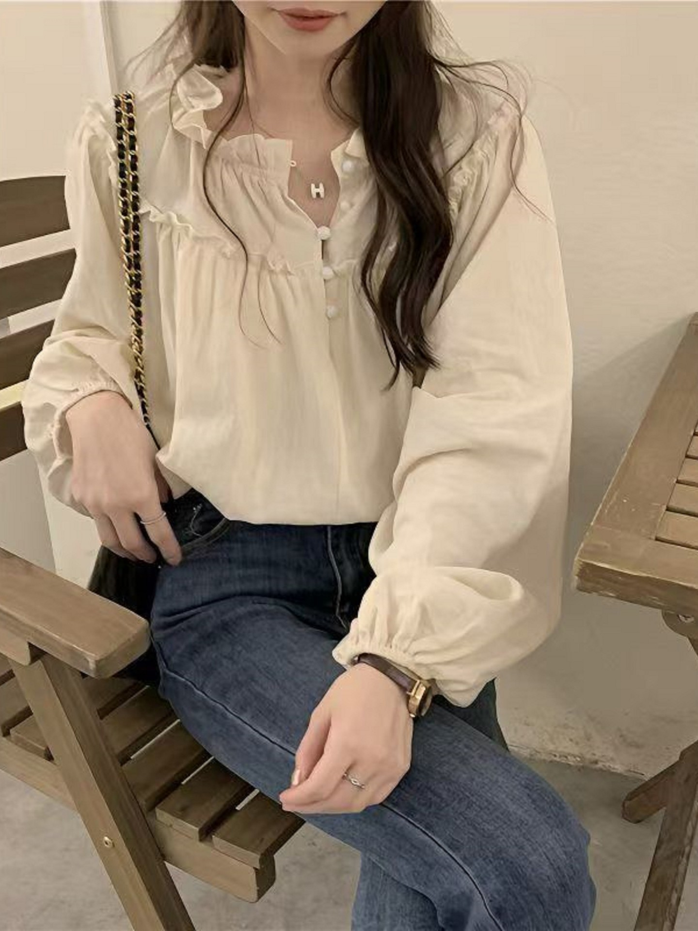 Cream Ruffled Neck Puff Sleeve Blouse