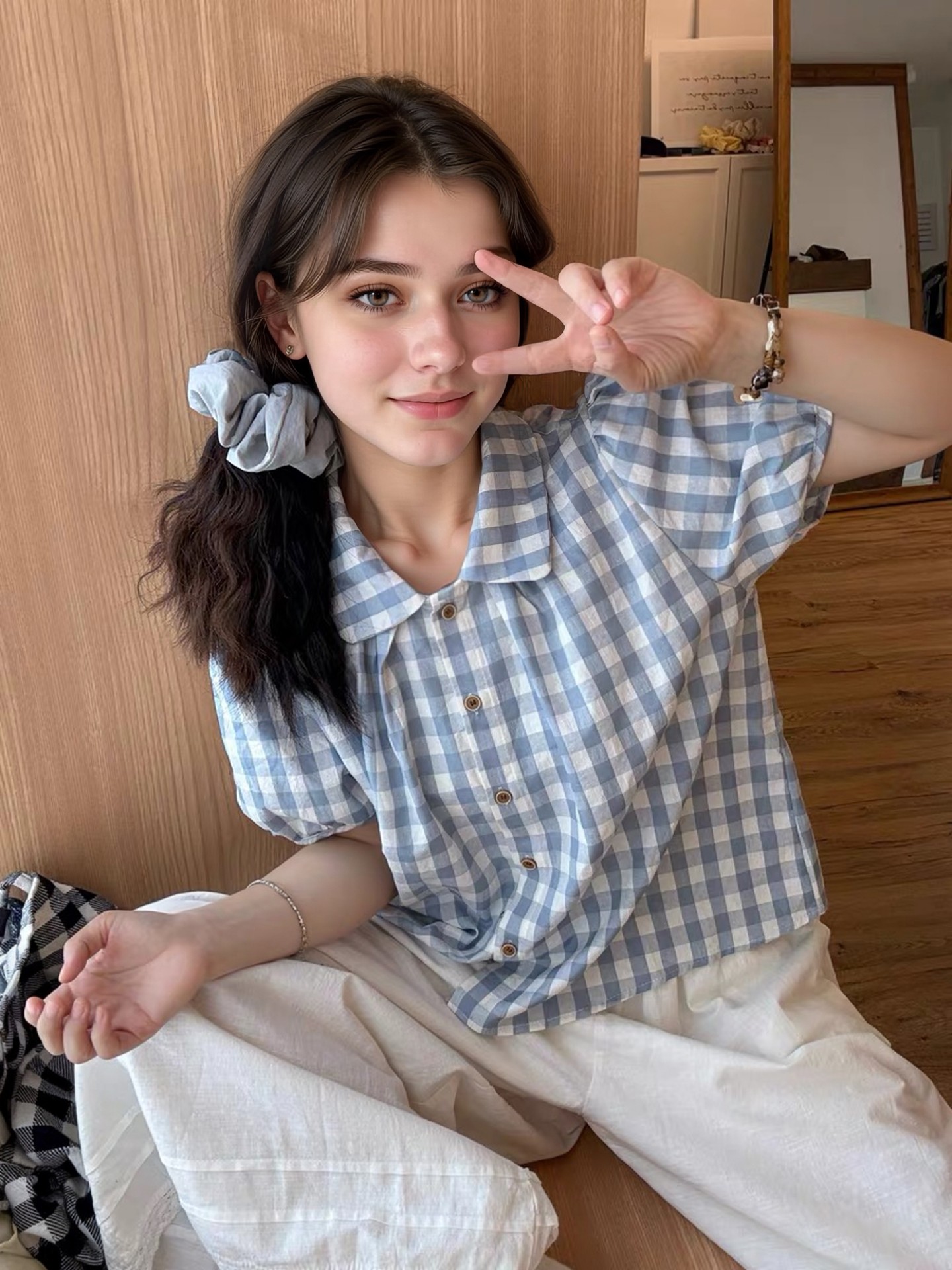 Puff Sleeve Plaid Blouse with Baby Collar
