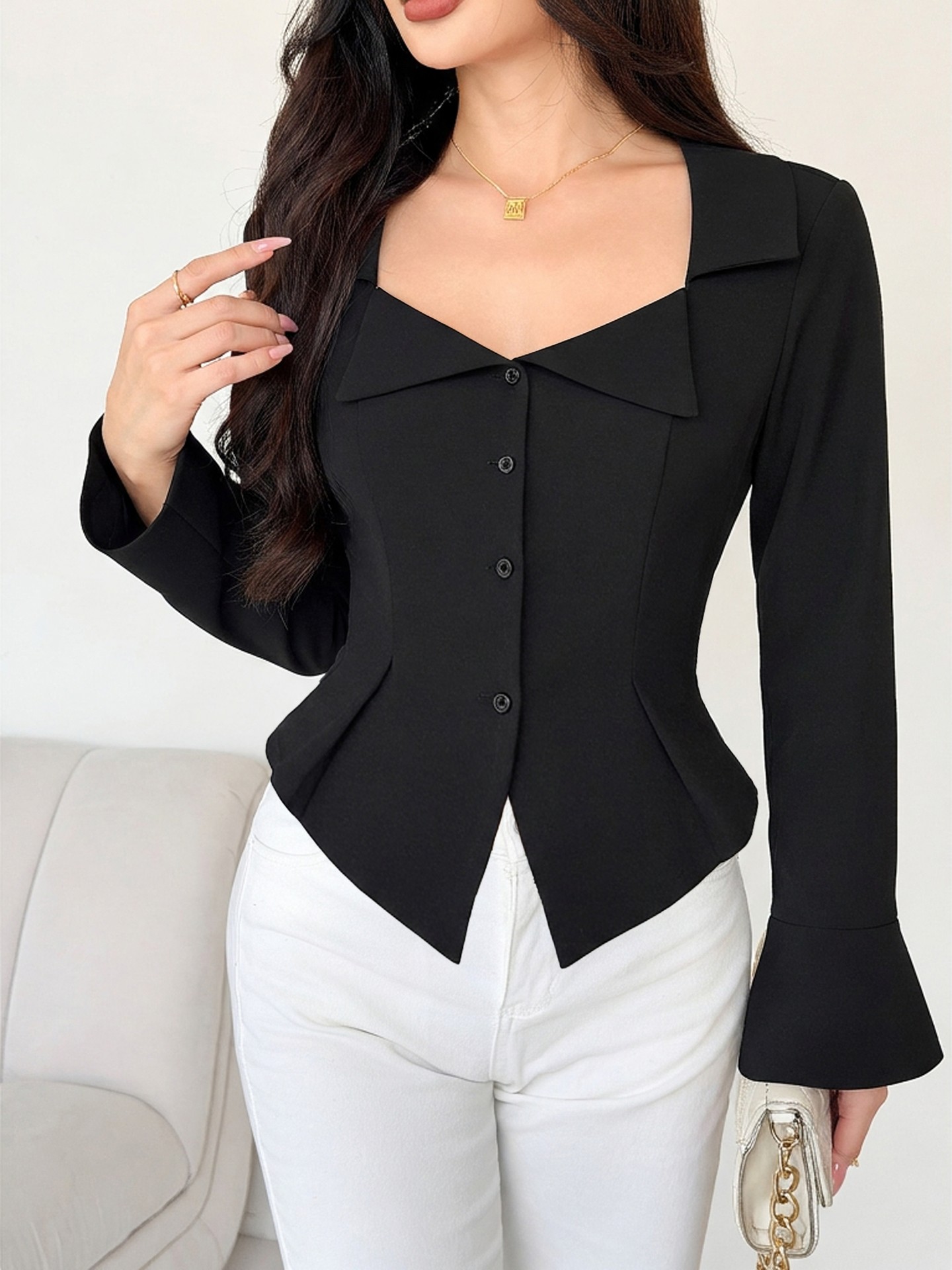 Chic Fitted Blouse with Wide Collar & Flared Sleeves