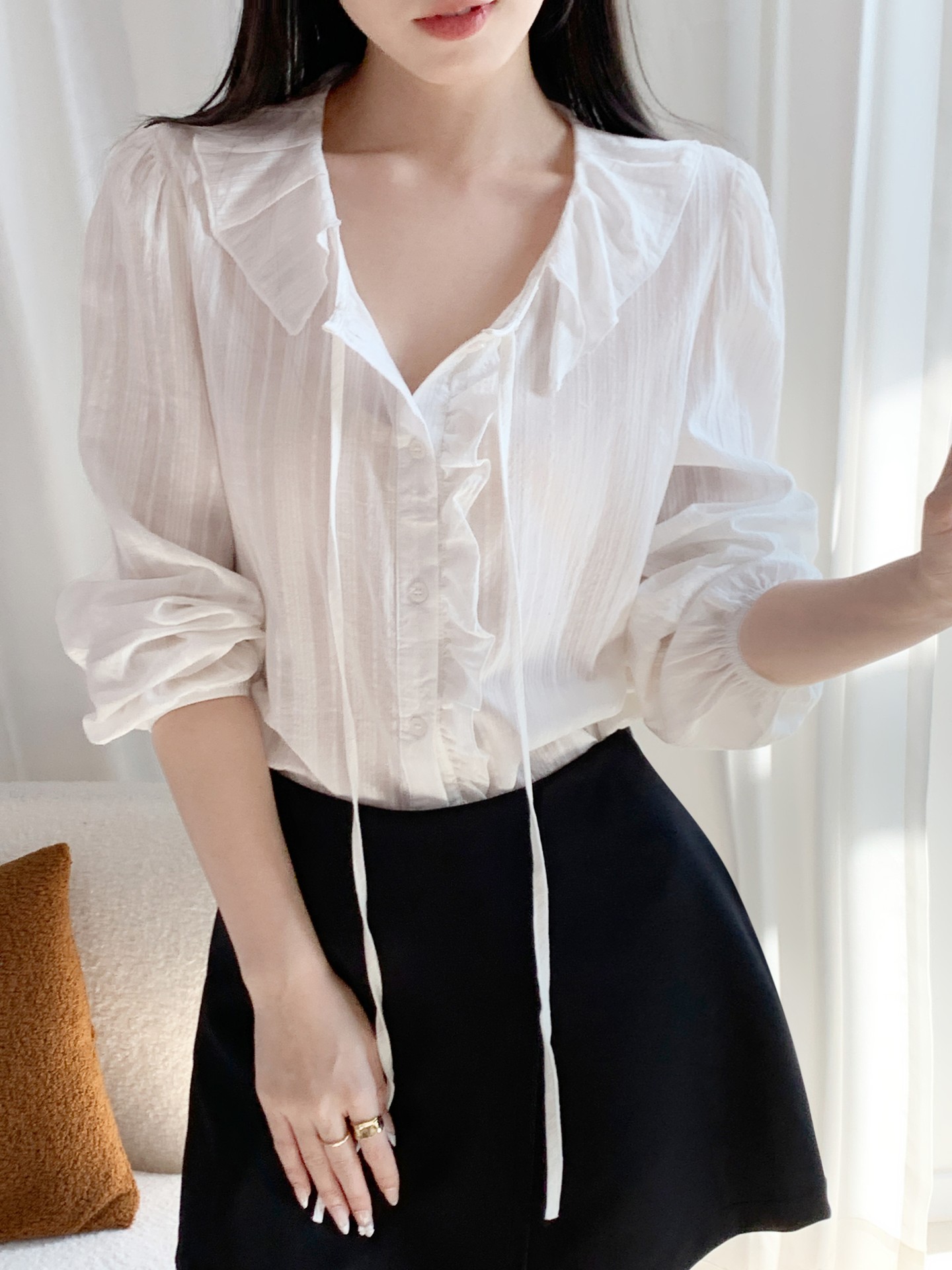 Ruffled Collar Blouse with Tie Detail