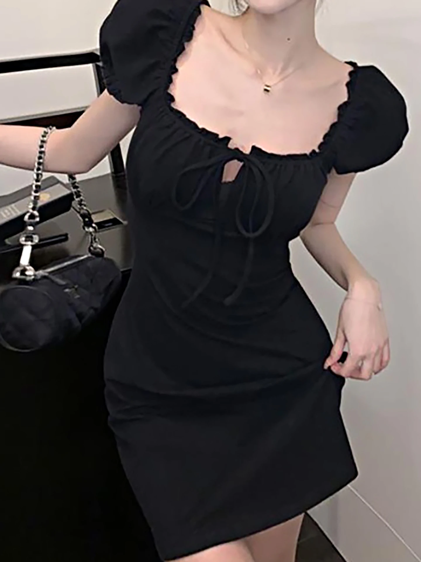 savana black a-line dress product info and reviews Tied | fav green a line dress outs accented with scalloped Color:Paris Blue (SteelBlue)