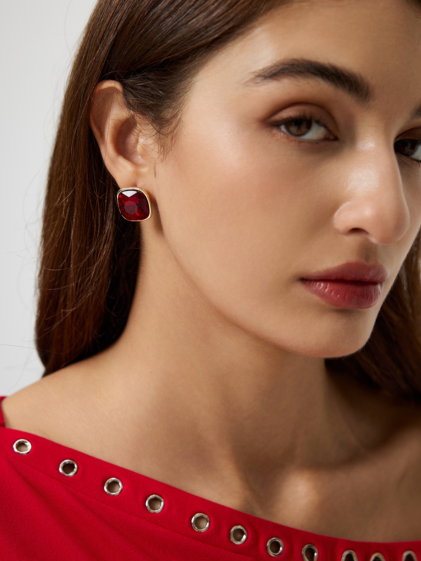 Ruby-Red Crystal Square Stud Earrings