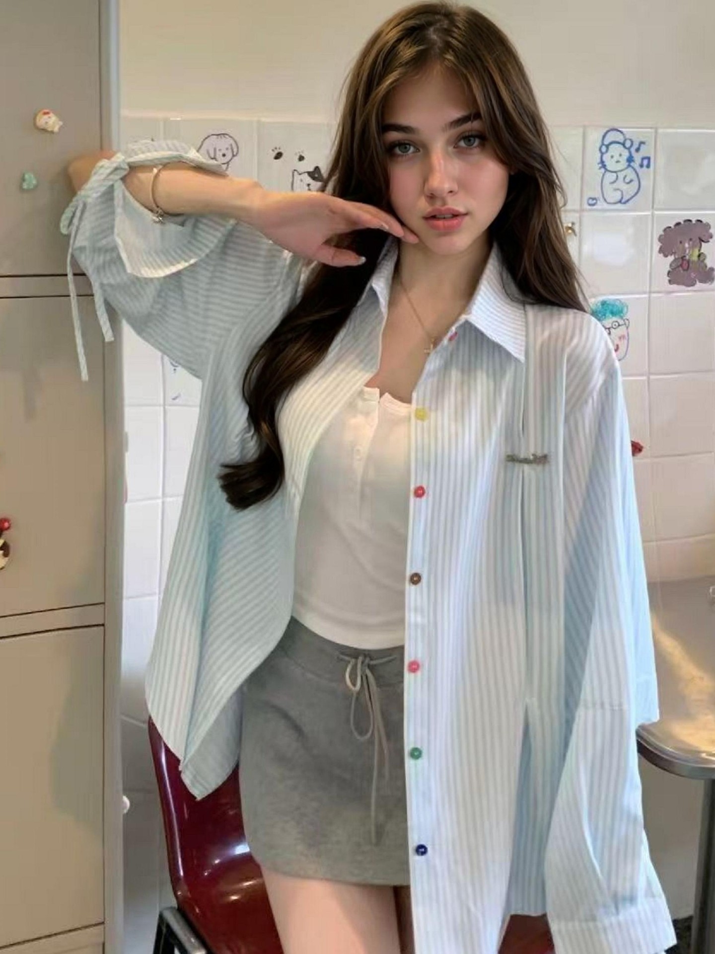 Korean Gathered Crew Neck Striped Oversized Blouse