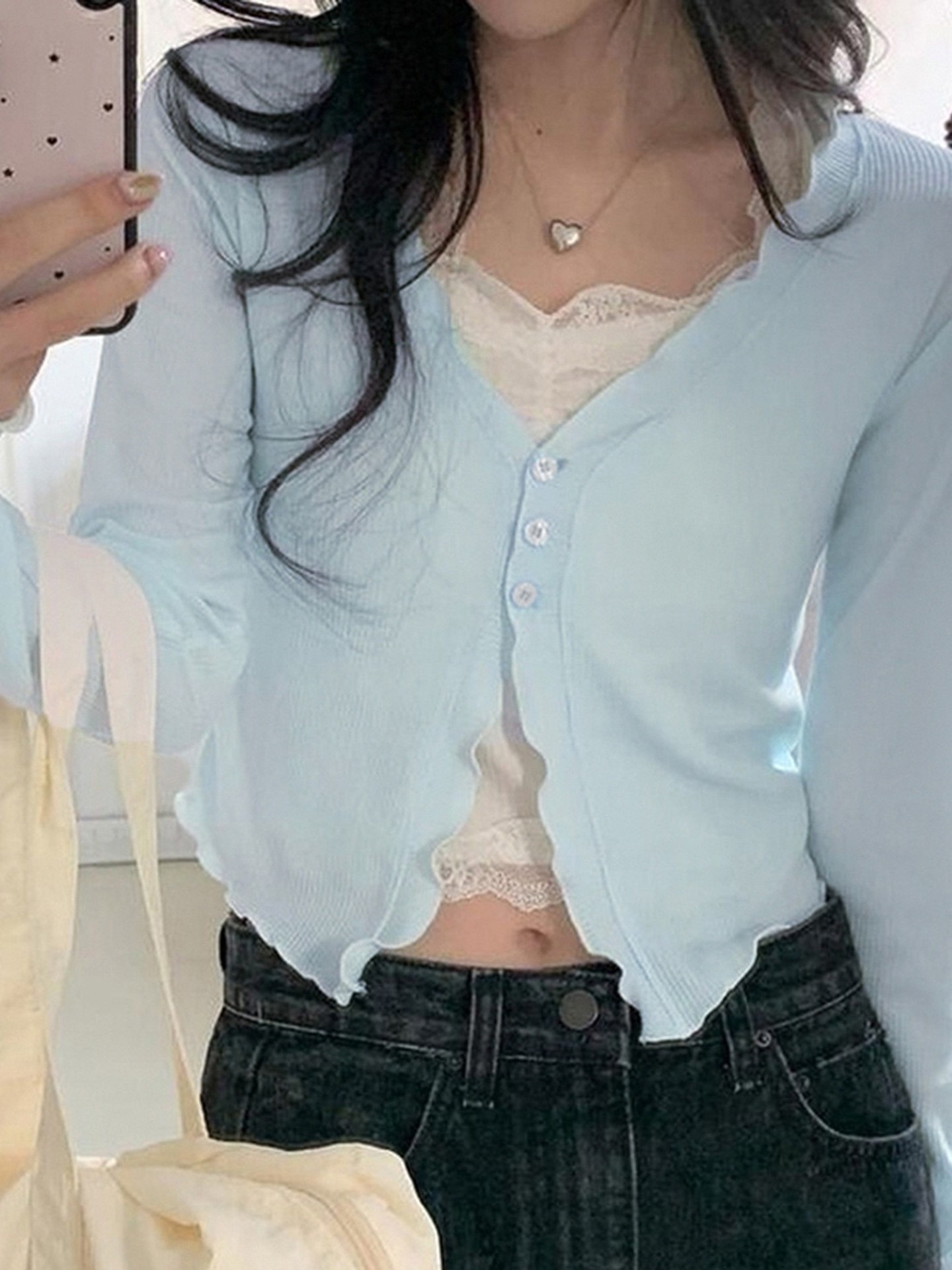 Blue Ribbed Button-Up Cardigan (Only Outer Layer)
