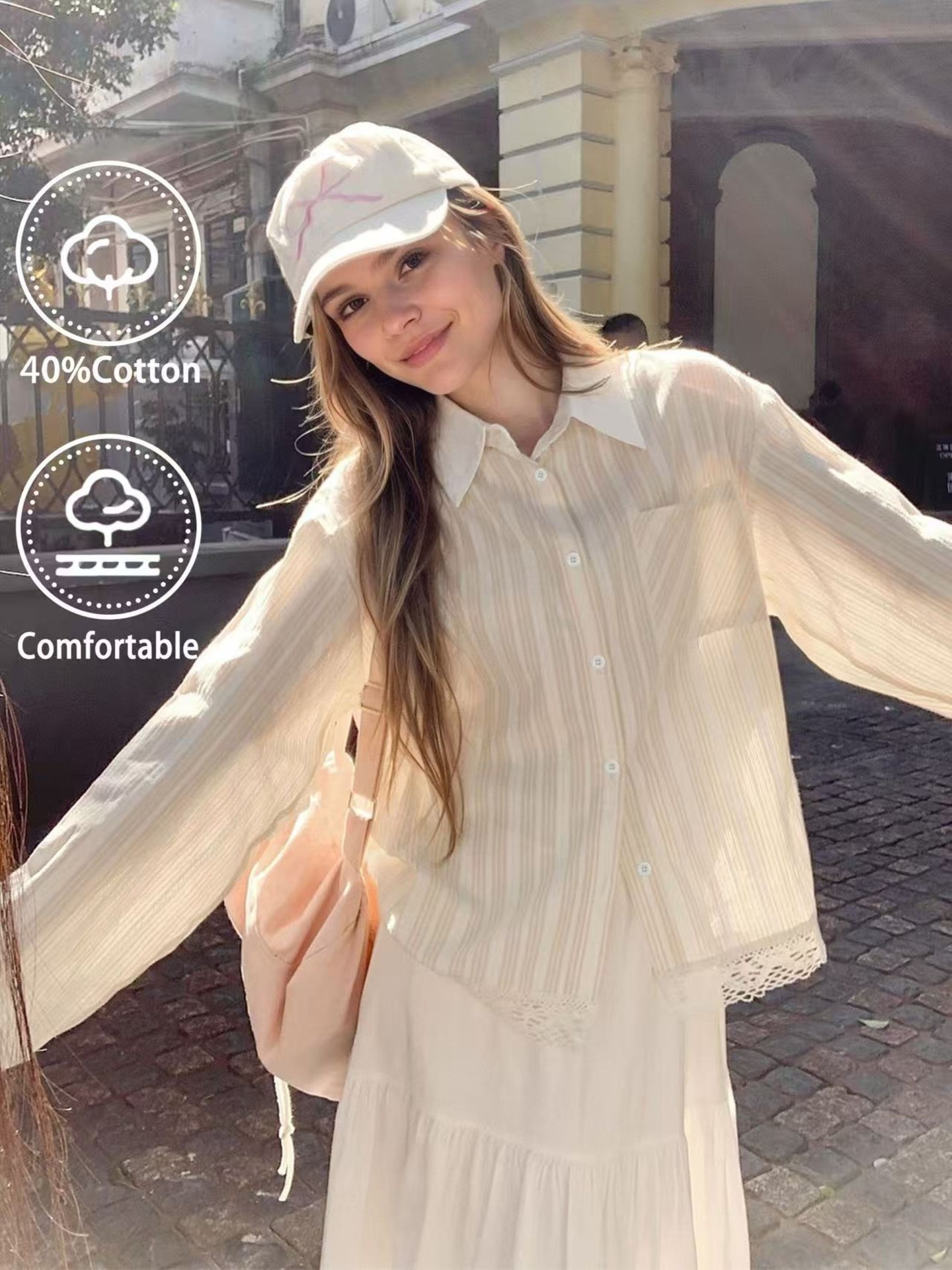 40% cotton -Lace trim Placket Blouse