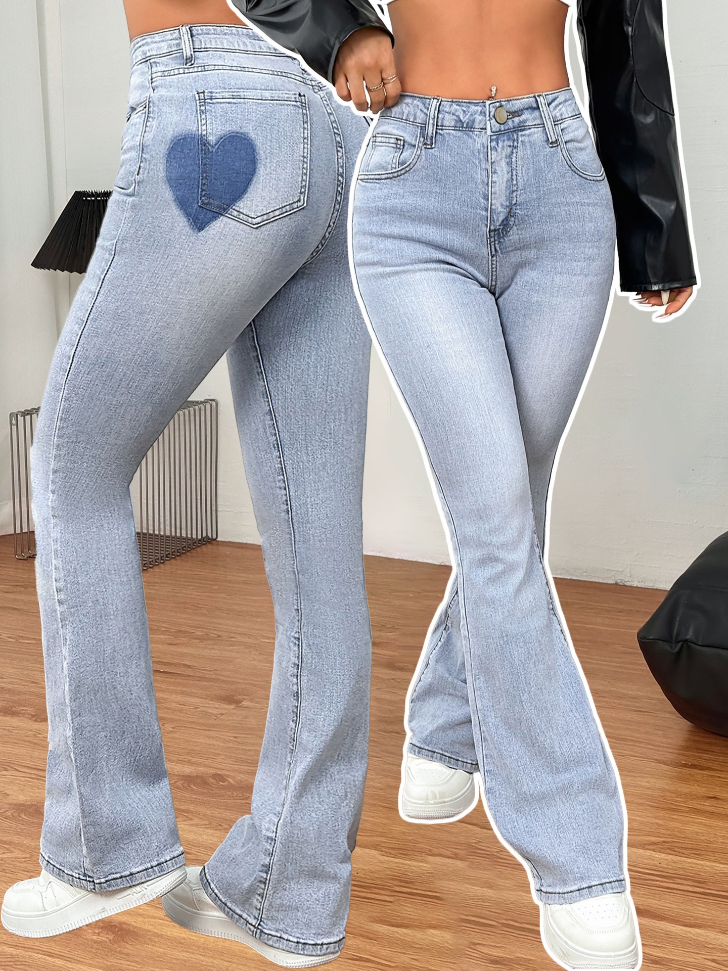 [ High Stretch ] High Waist Heart-Shaped Pattern Flare Leg Jeans