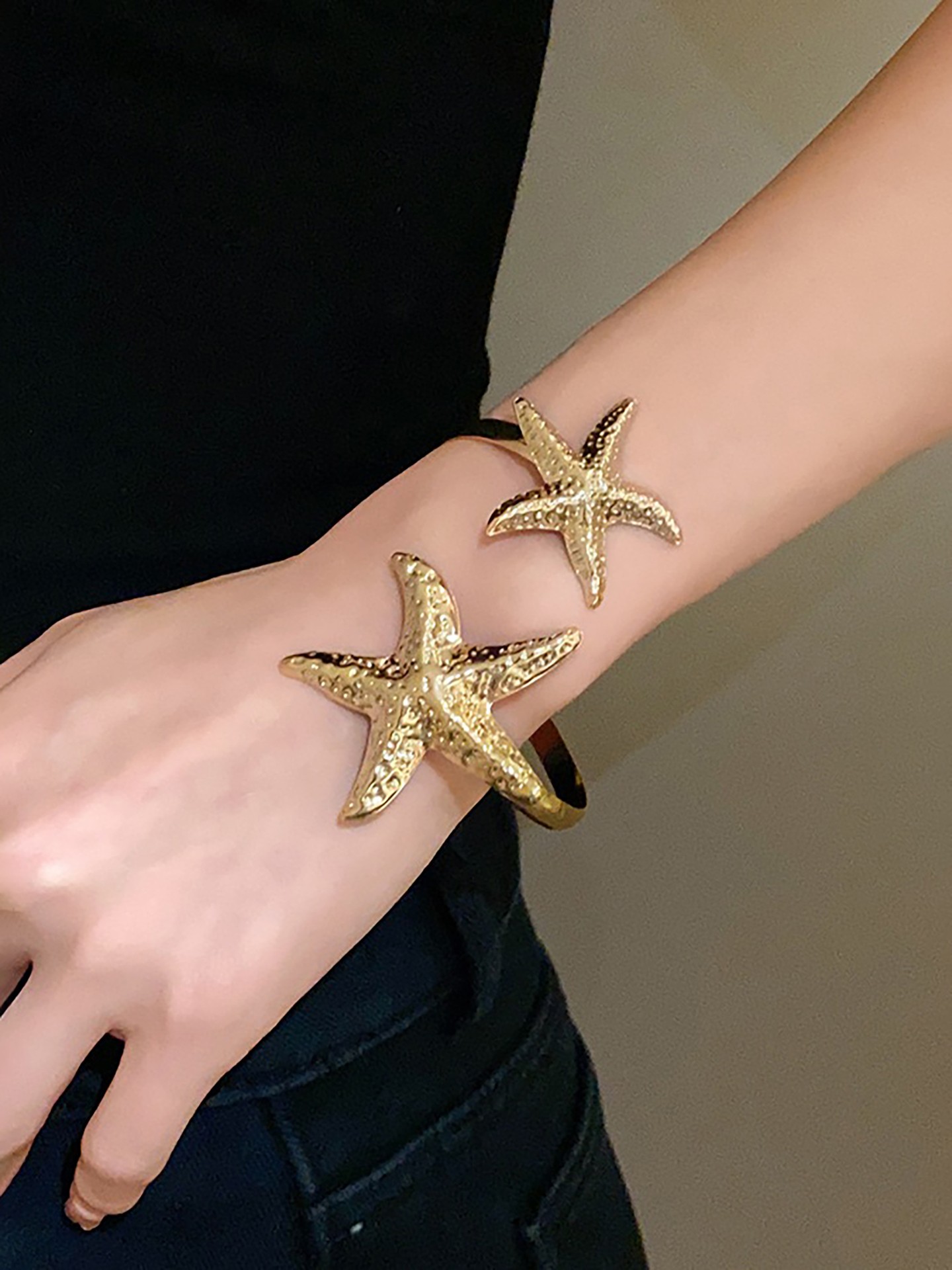 Golden Hour Double Starfish Cuff Bangle Bracelet