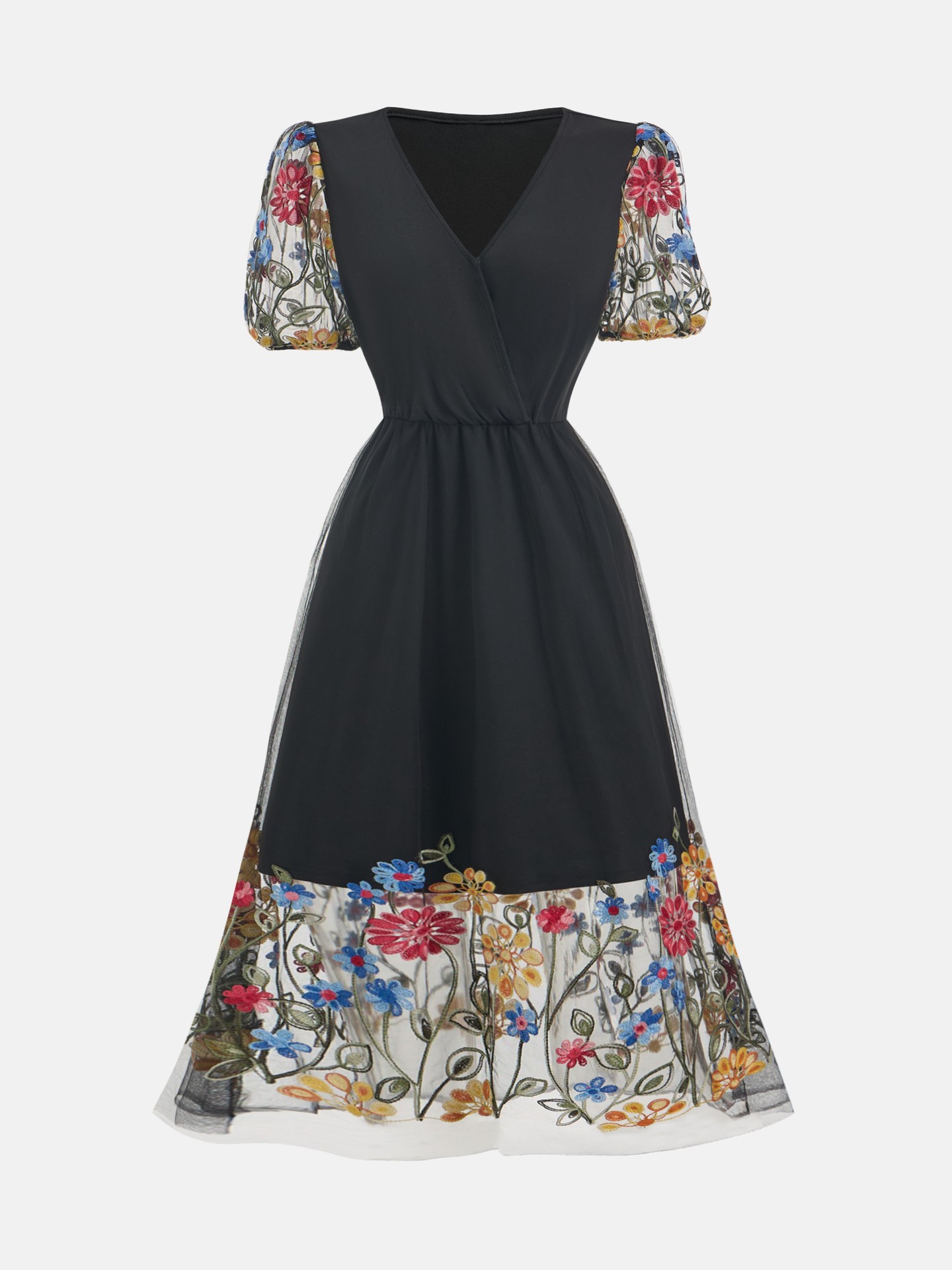 Vacation A-Line Puff Sleeve Embroidered Maxi dress