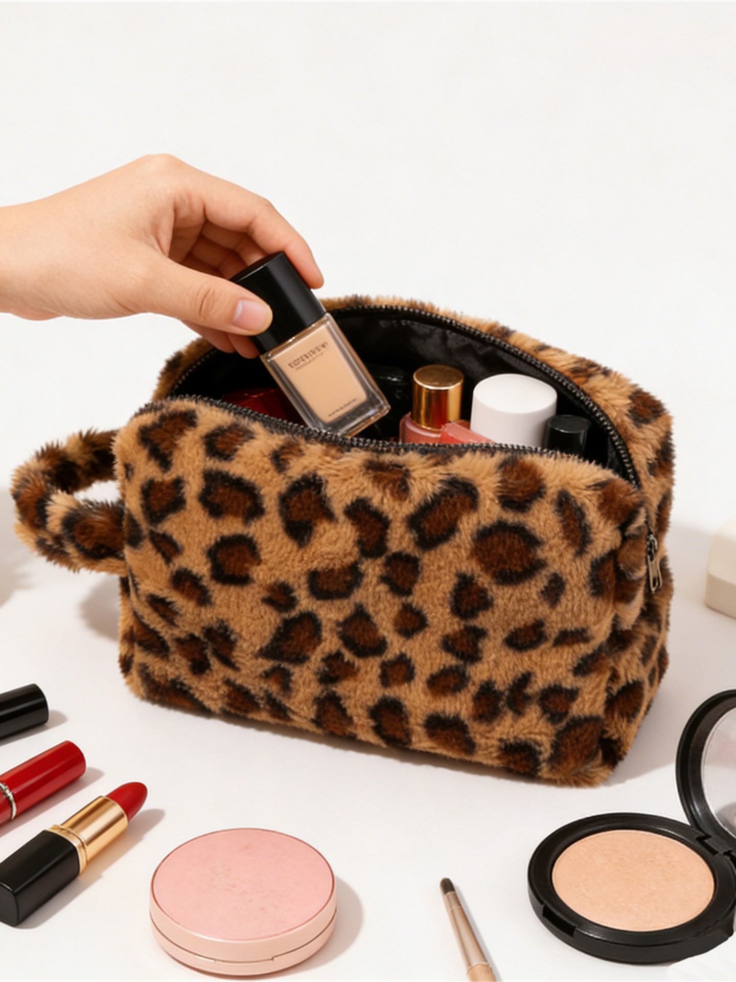 Leopard Print&Fur Makeup Bag