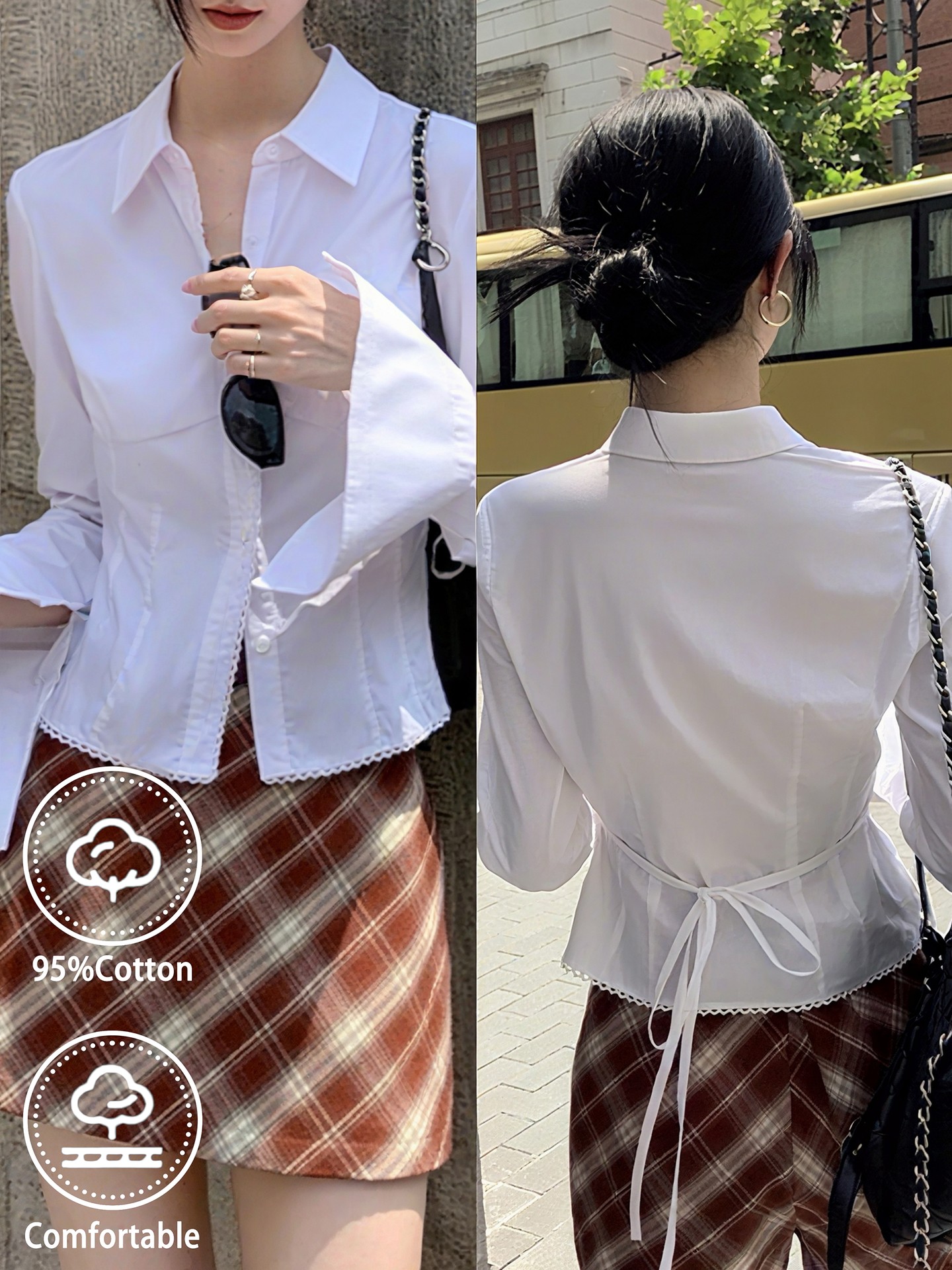95% cotton -Belted Placket Blouse