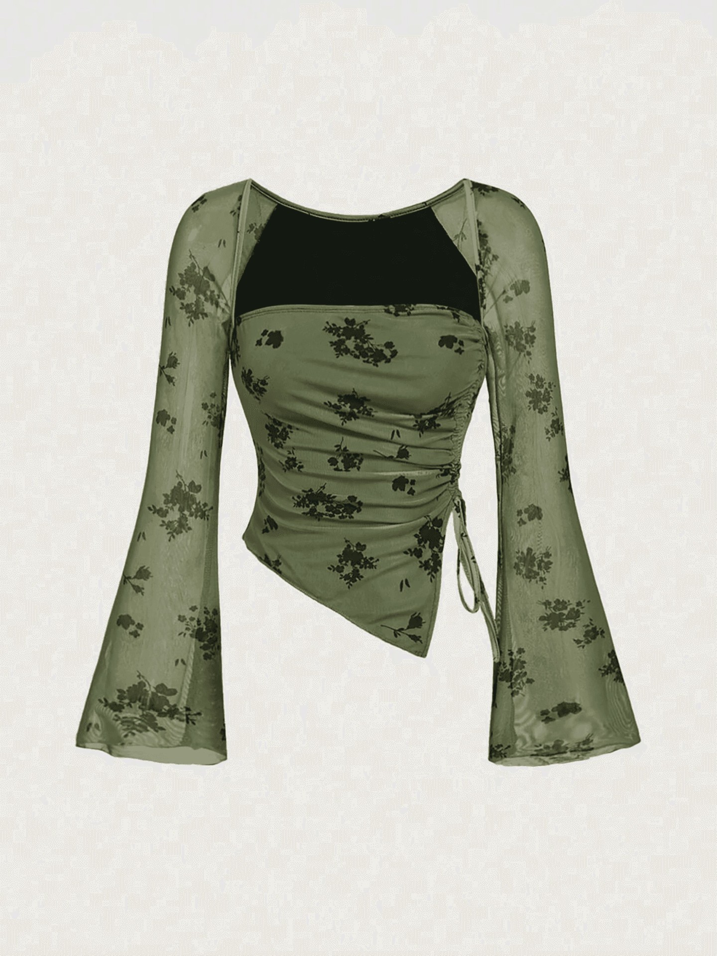 Drawstring Mesh Bell Sleeve Top