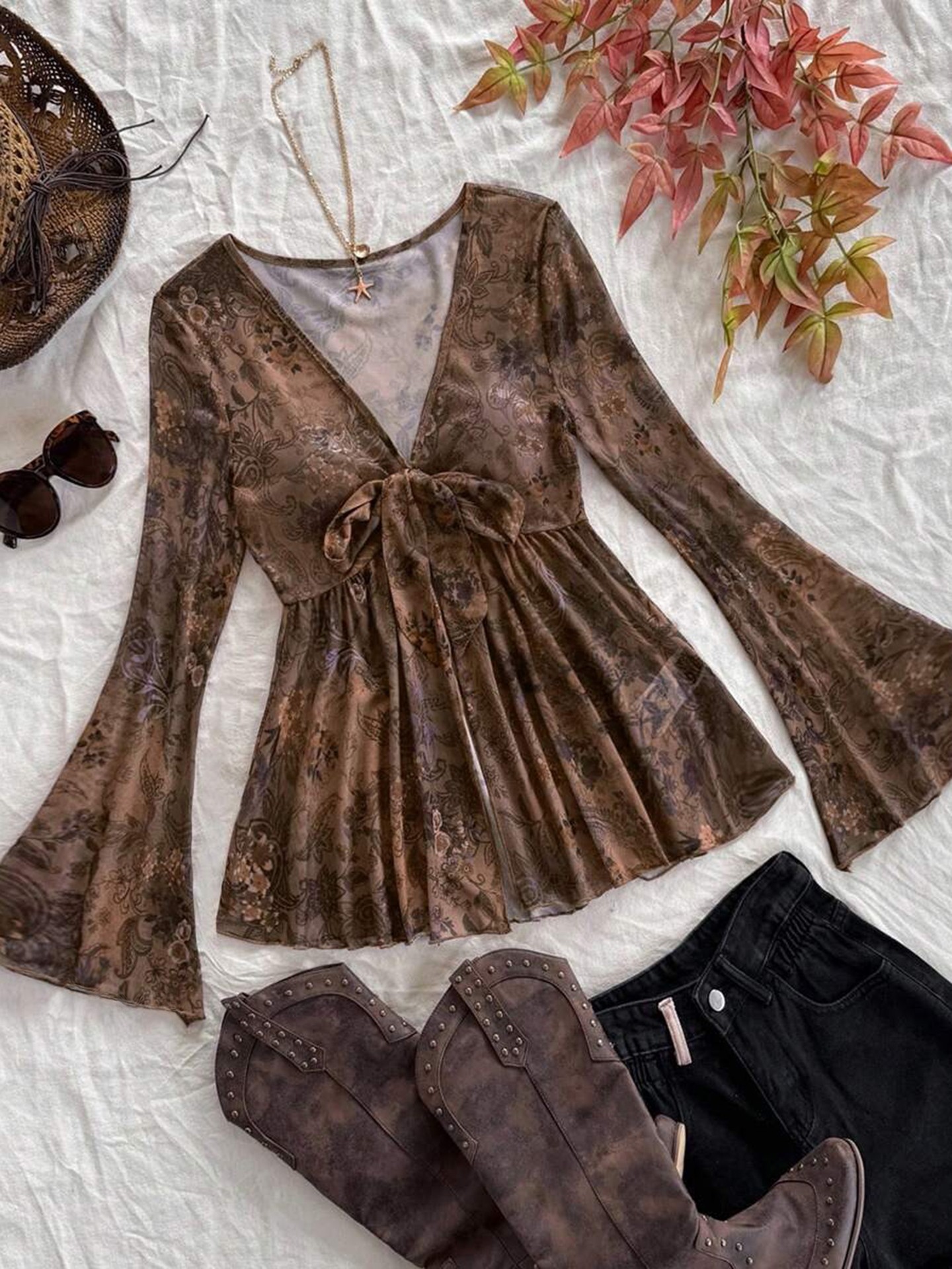 Tie Front Mesh Top With Bell Sleeve