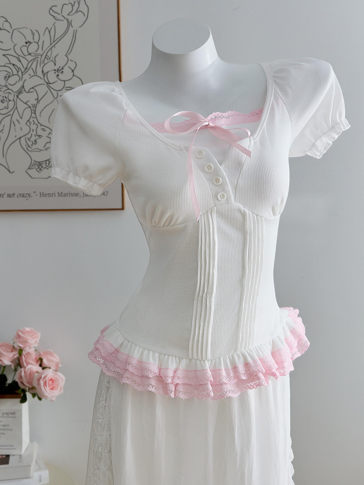 Puff Sleeve Top with Lace Hem & Bow