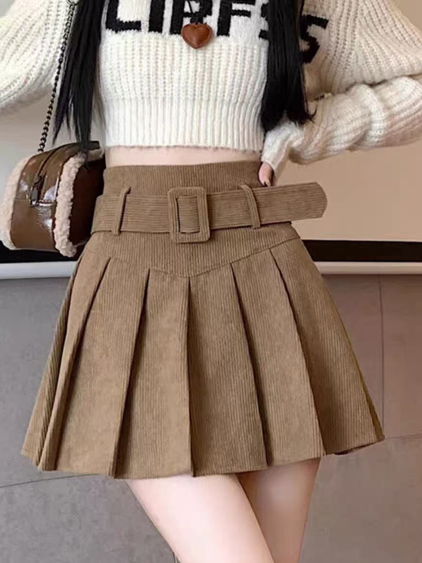Corduroy Pleated Skirt with Belt