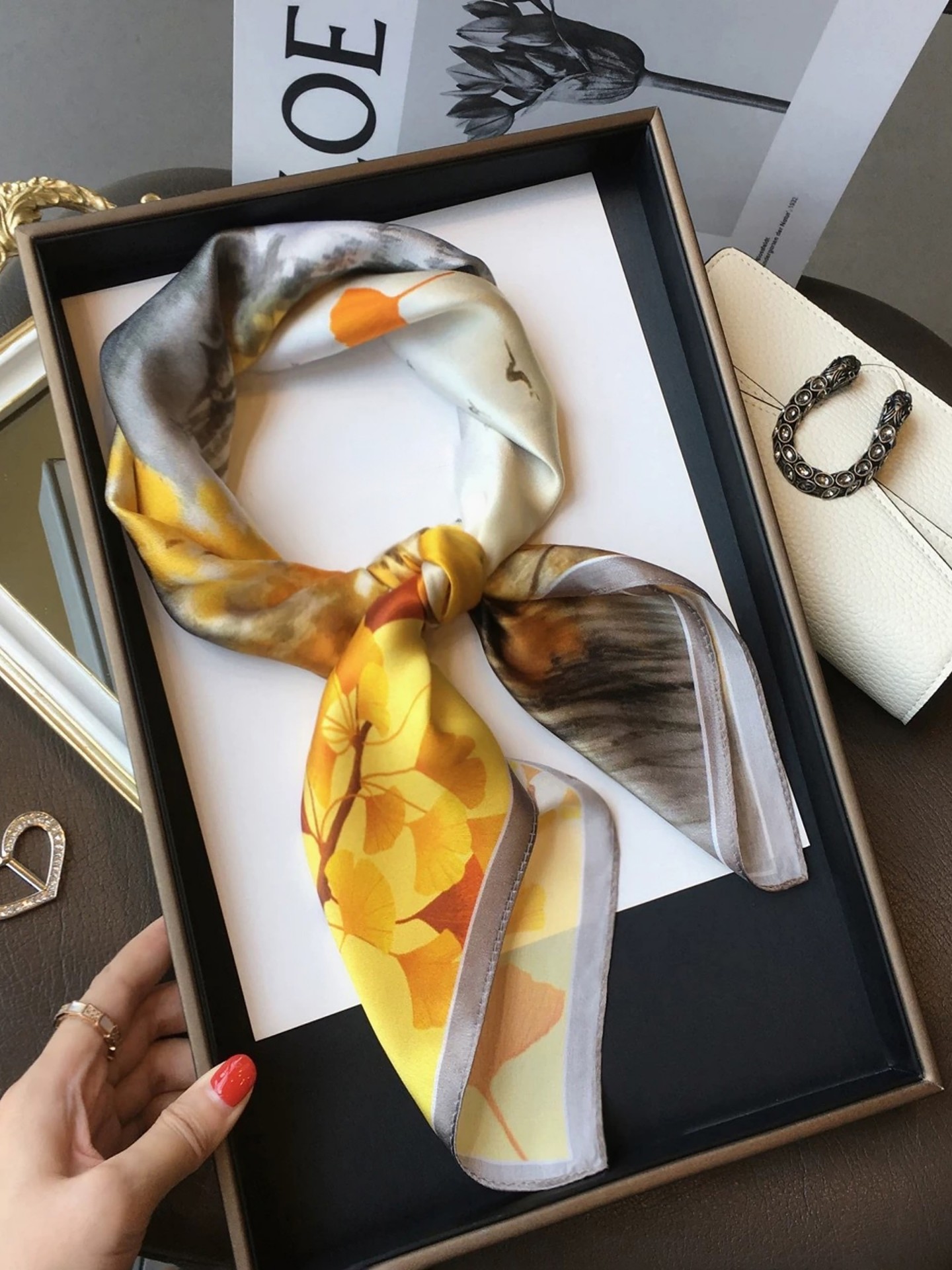 Ginkgo Print Satin Scarf