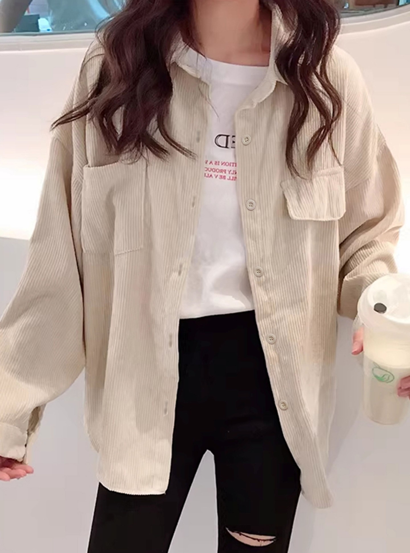 Lightweight Corduroy Oversized Shirt with Chest Pockets