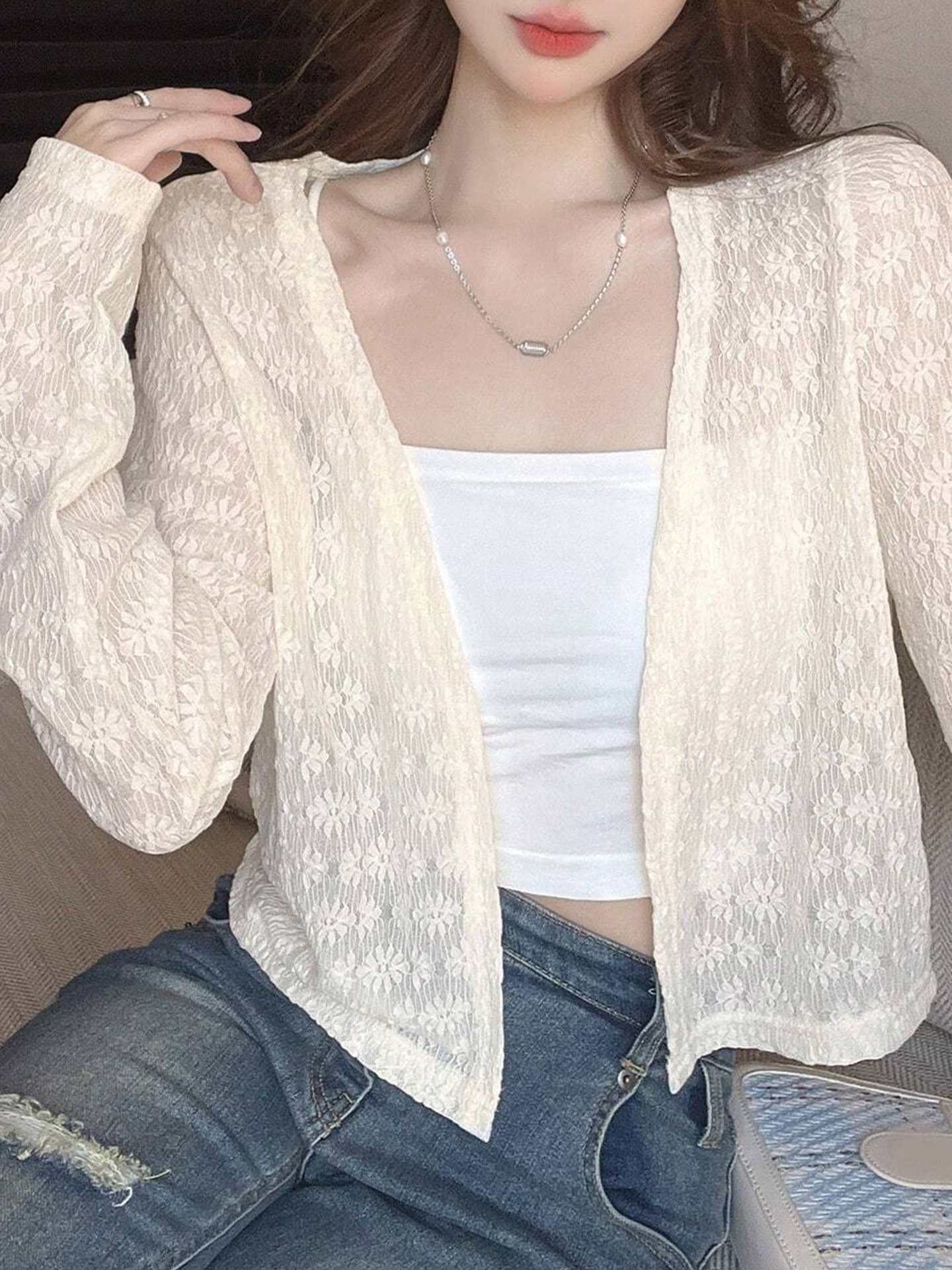 Sweet Cardigen Straight Sleeve Sheer top