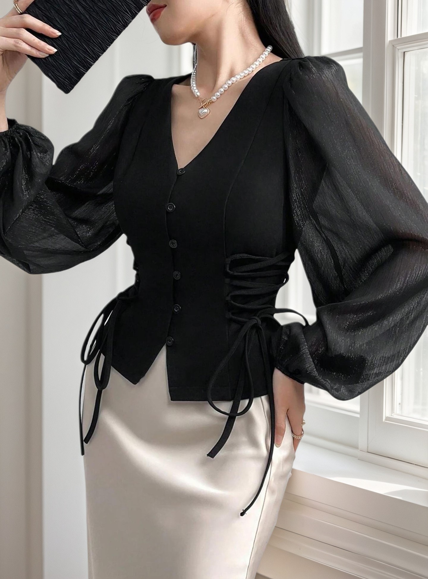 V-Neck Corset Blouse with Sheer Lantern Sleeves