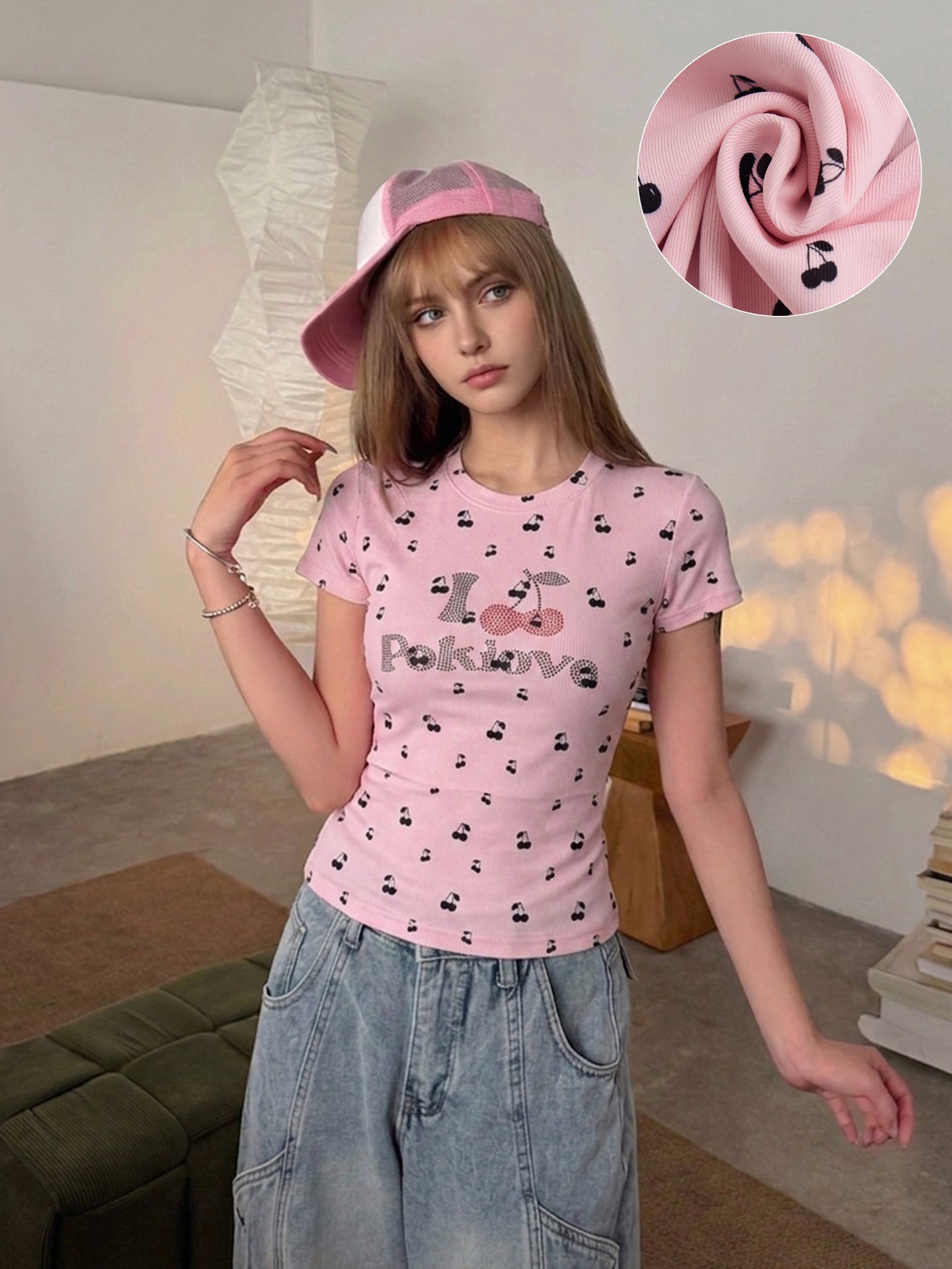 Cherry Print Rhinestone Pullover T-Shirt