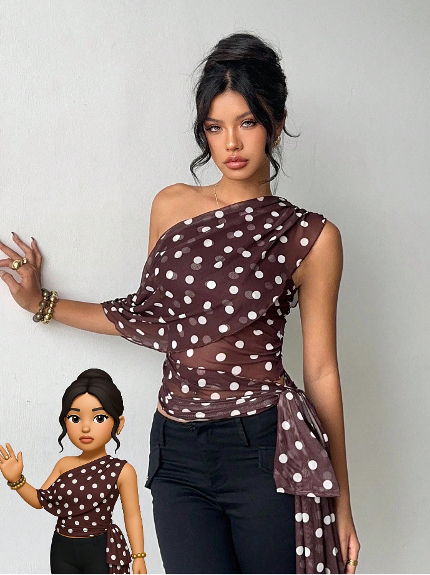 Polka-Dot Mesh One Shoulder Top