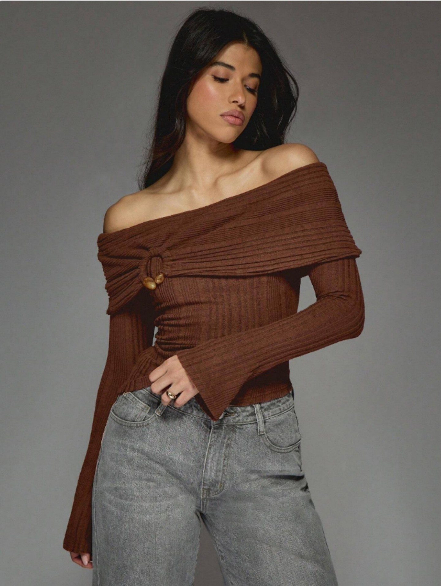 Textured 	Off Shoulder Bell Sleeve Top