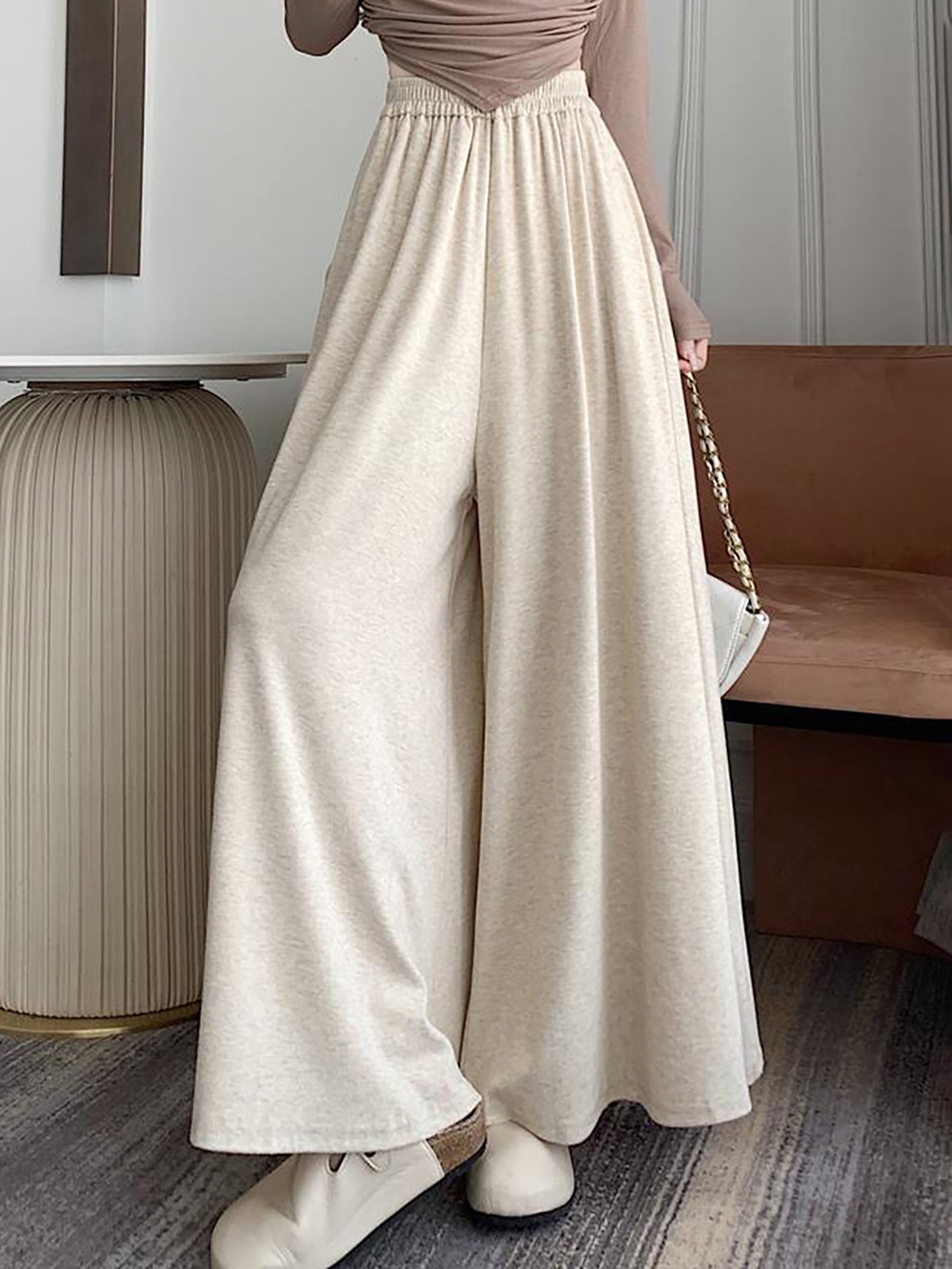 [Moderately Stretchable] High Waist Draped Wide Leg Pants