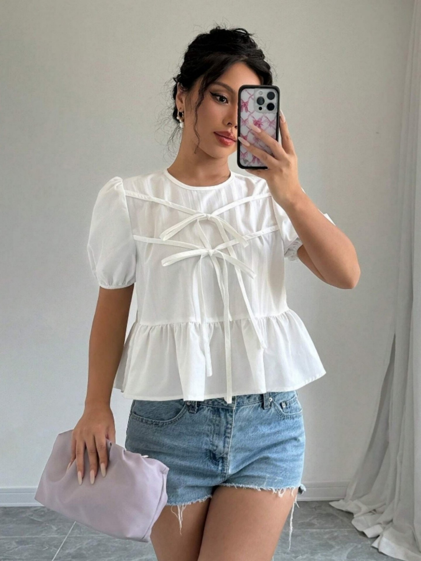 Summer Double Bow Puff Sleeve Blouse