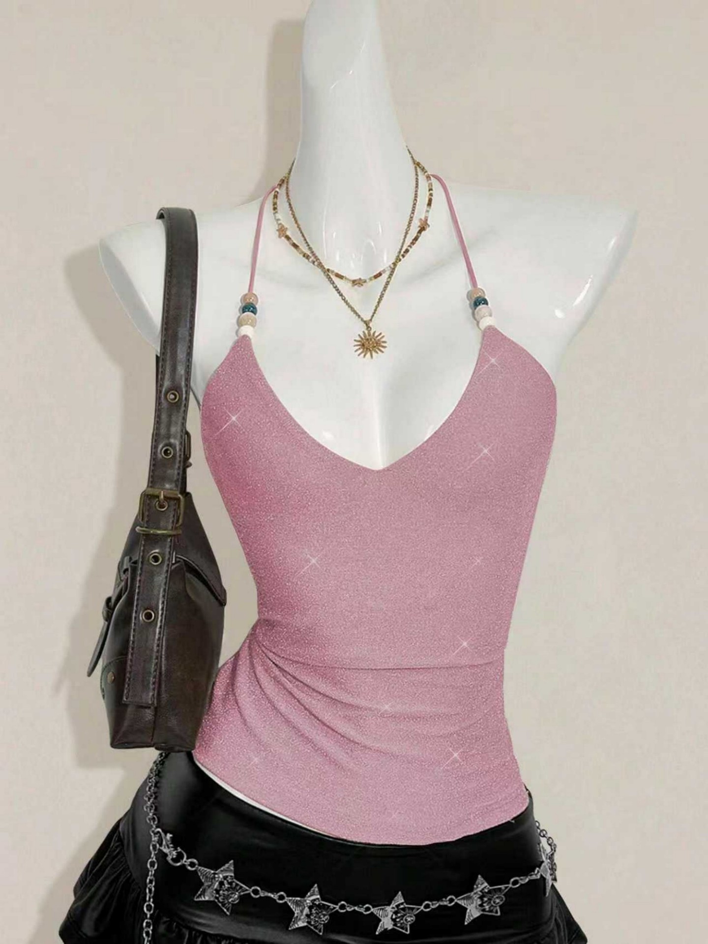 Beads Metallic Halter Top