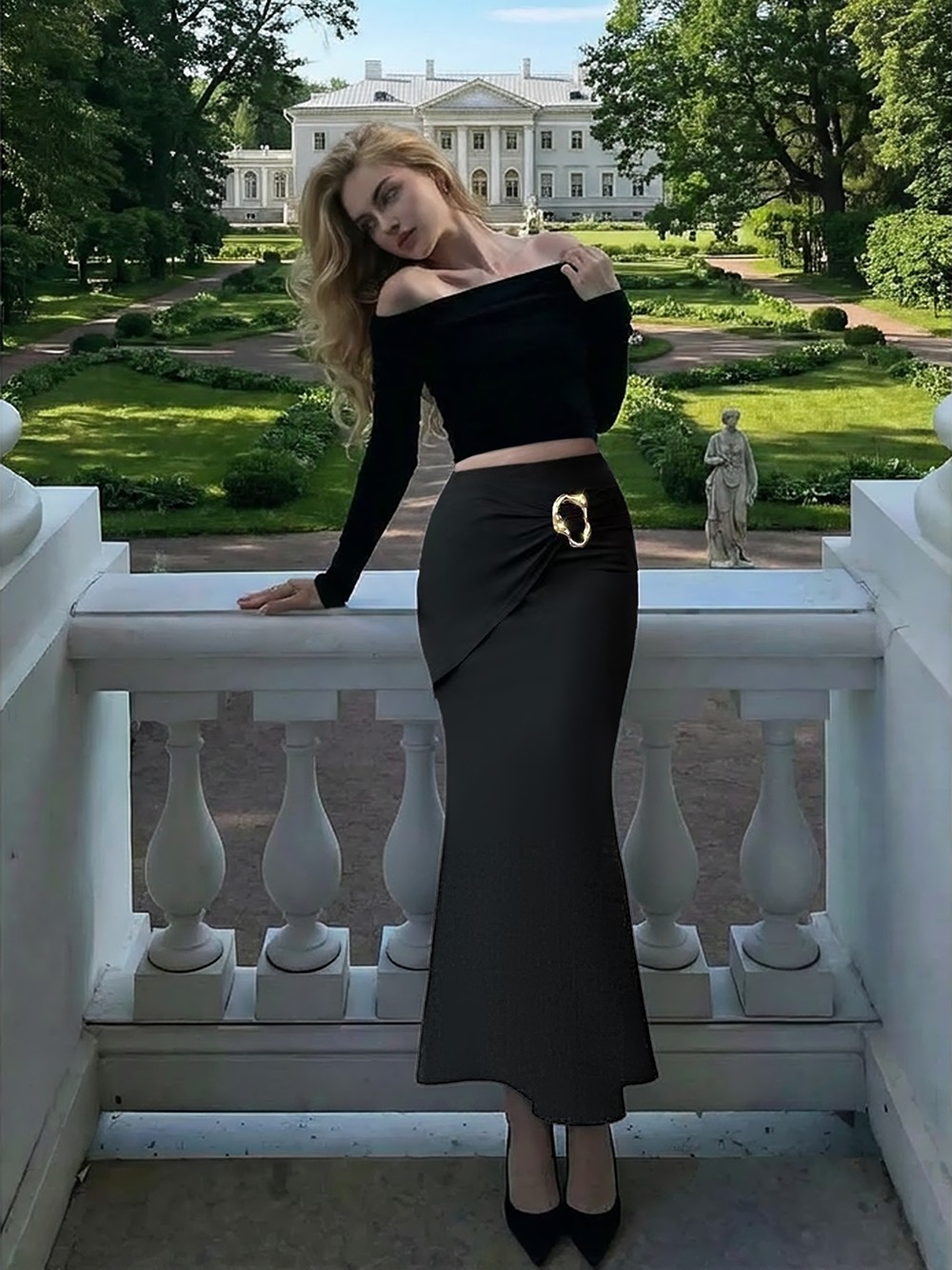 Ruched Skirt with Gold Buckle