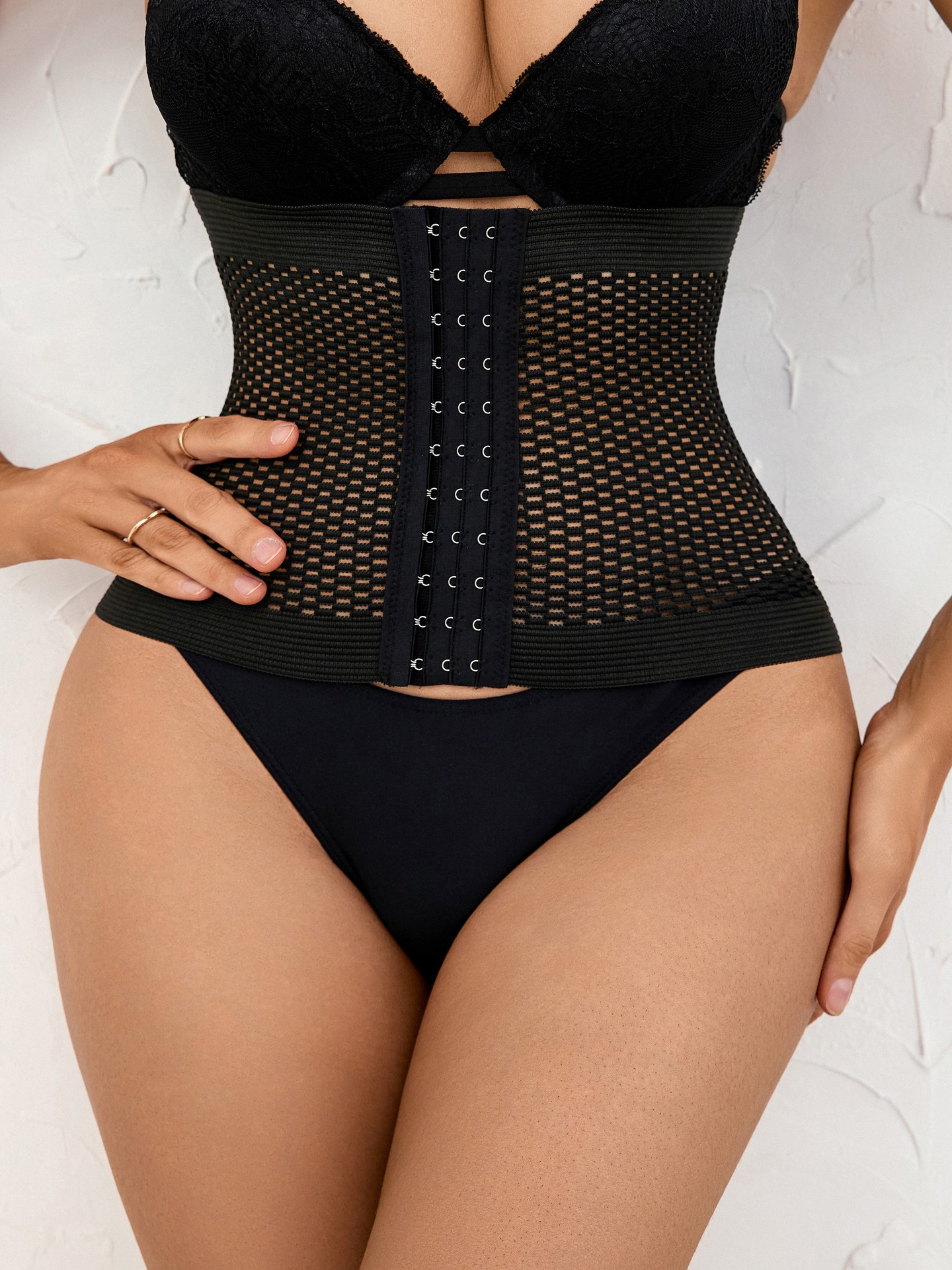 Snatched Mesh Hook-and-Eye Waist Trainer Bodysuit