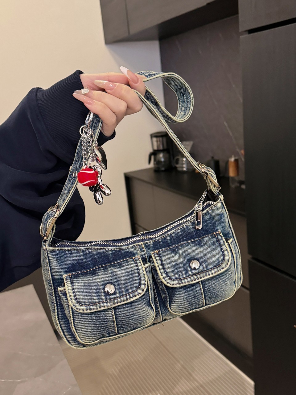 Vintage Dark Wash Pocket Denim Shoulder Bag