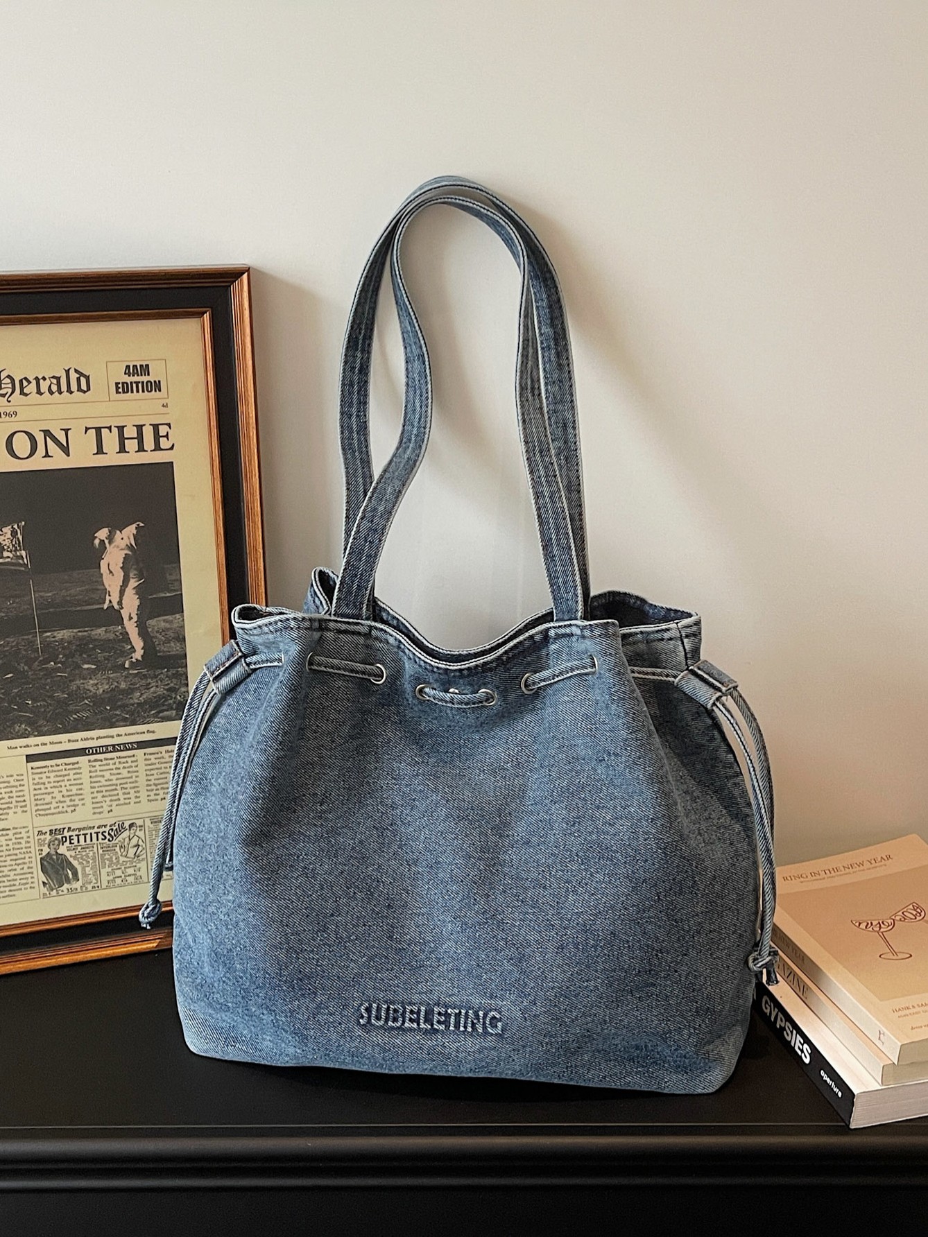 Washed Denim Drawstring Shoulder Bag