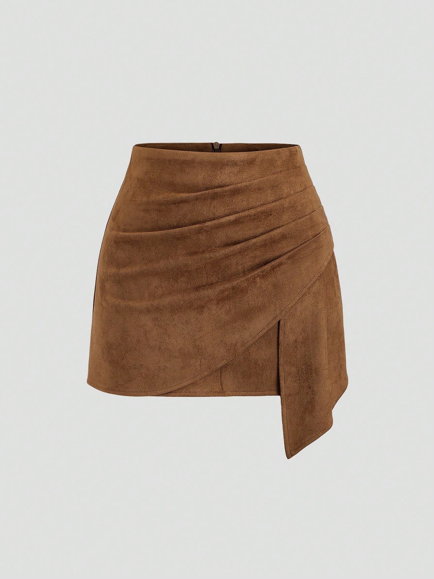 Ruched Faux Suede Asymmetrical Mini Skirt