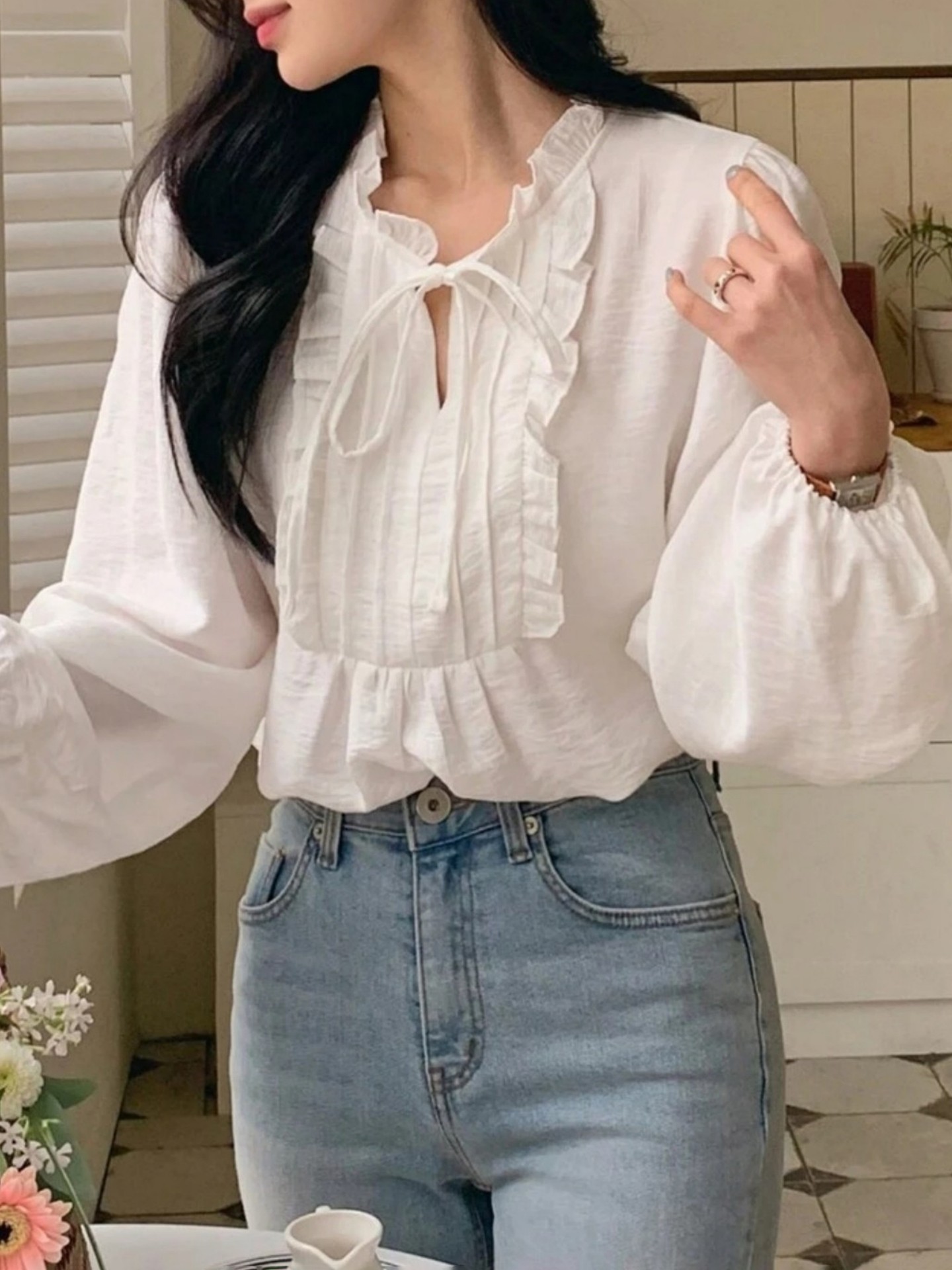 Winter White Ruffle Panel Tie Neck Blouse