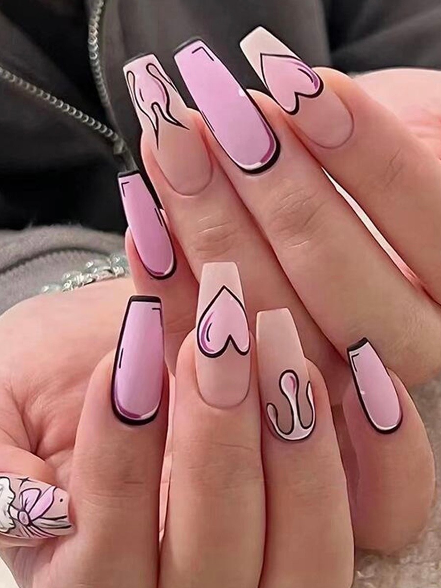 Y2k Pattern Long Coffin Shape Press On Nails