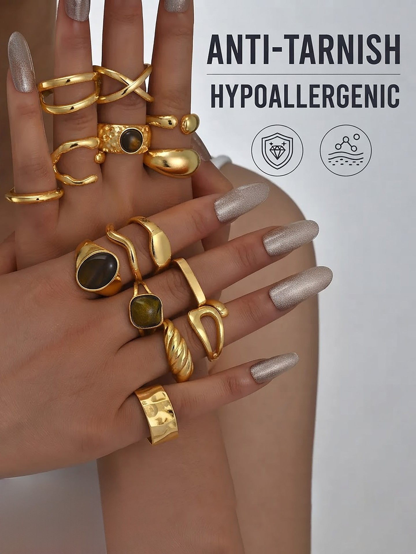 Hypoallergenic and Anti-Tarnish Metal Detail Ring Set