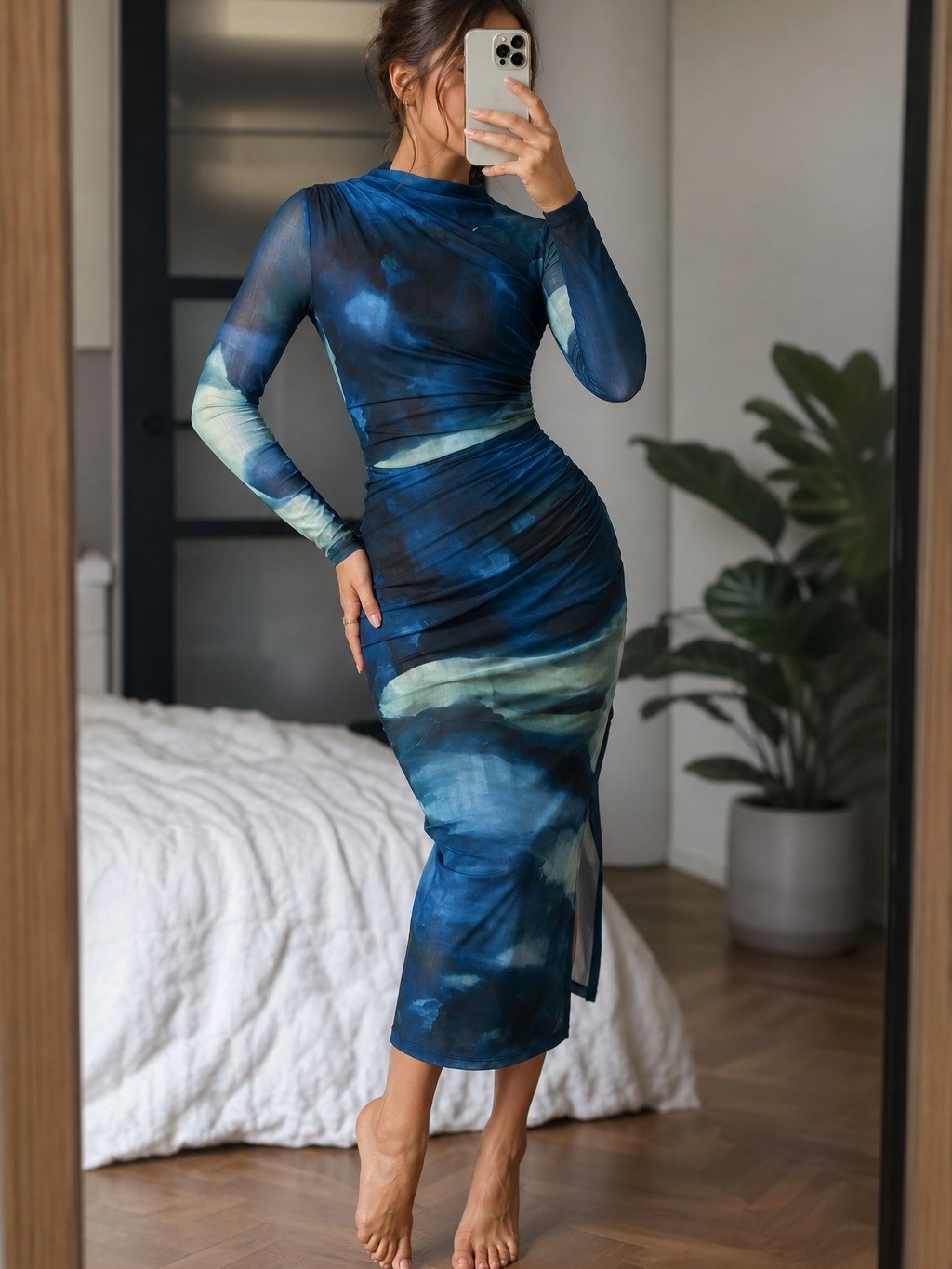 Tie-Dye Print Ruched Long Sleeve Mesh Bodycon Dress