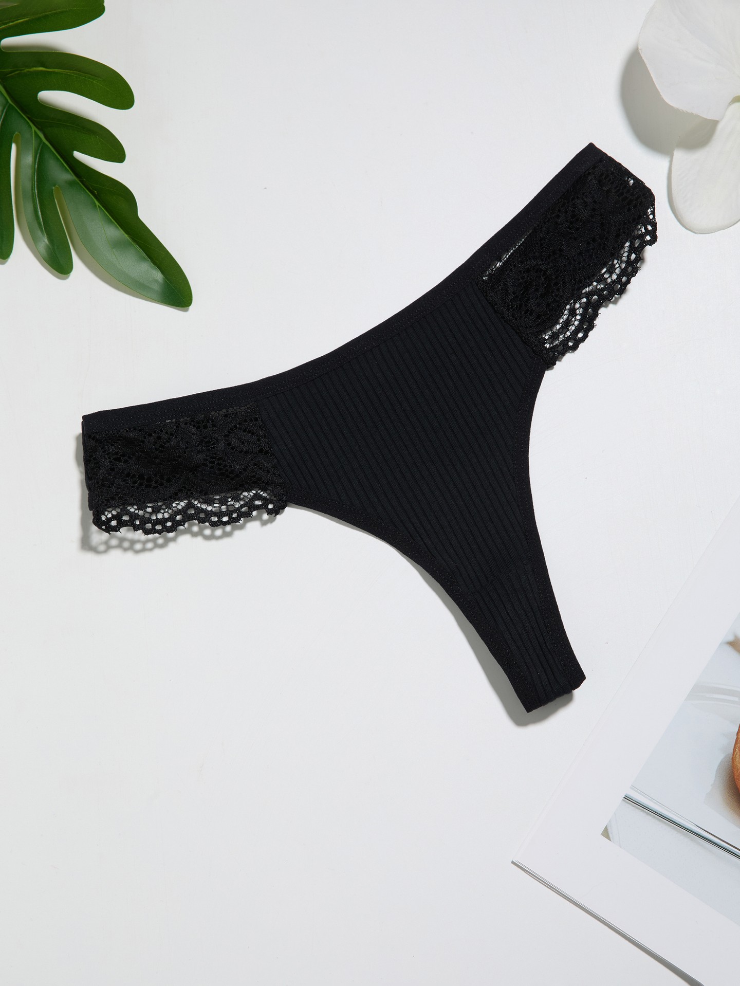 After-Dark Lace-Trim Ribbed Thong