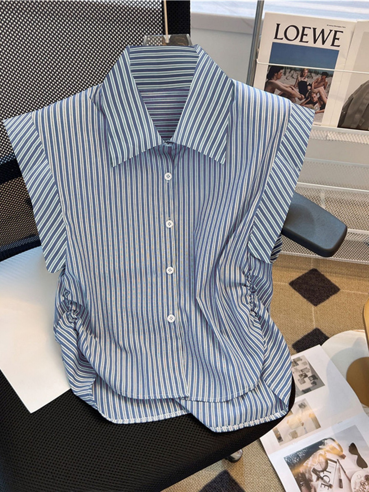 Pleated waist striped blouse