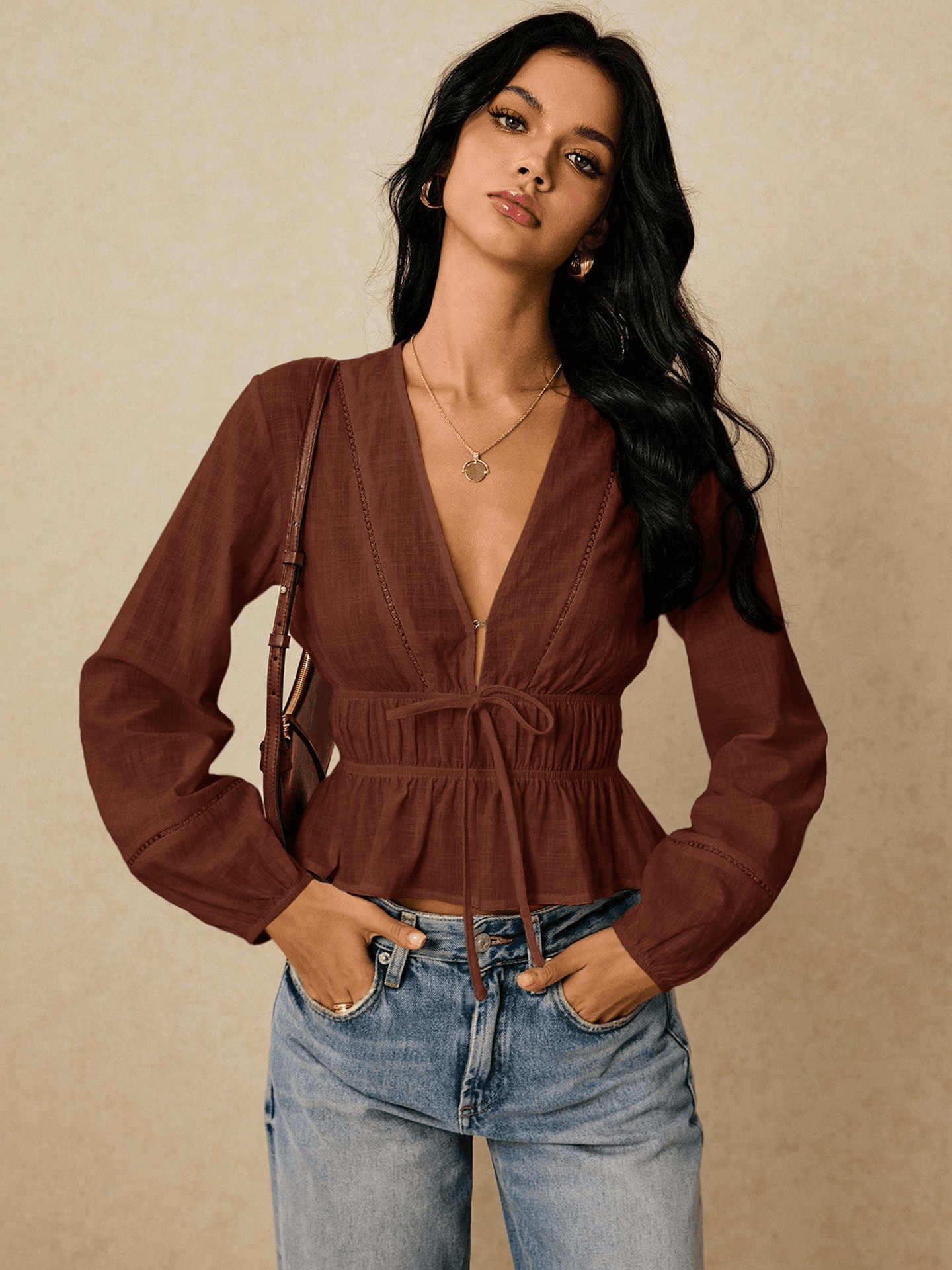 Terracotta Deep V Neck Peplum Blouse (Bohemian Chic & Vacation Casual Style)