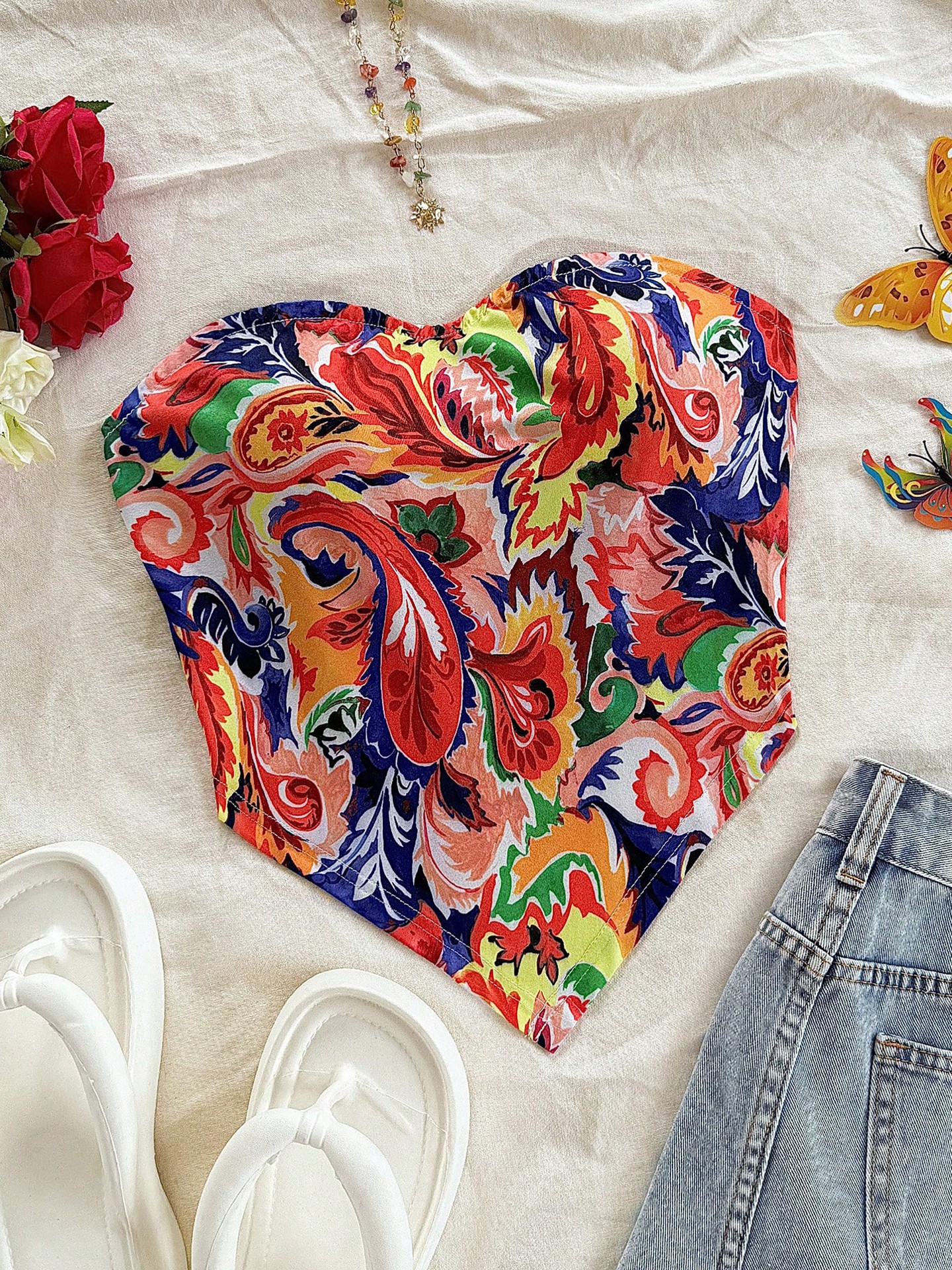 Festival Paisley Print Strapless Crop Tube Top